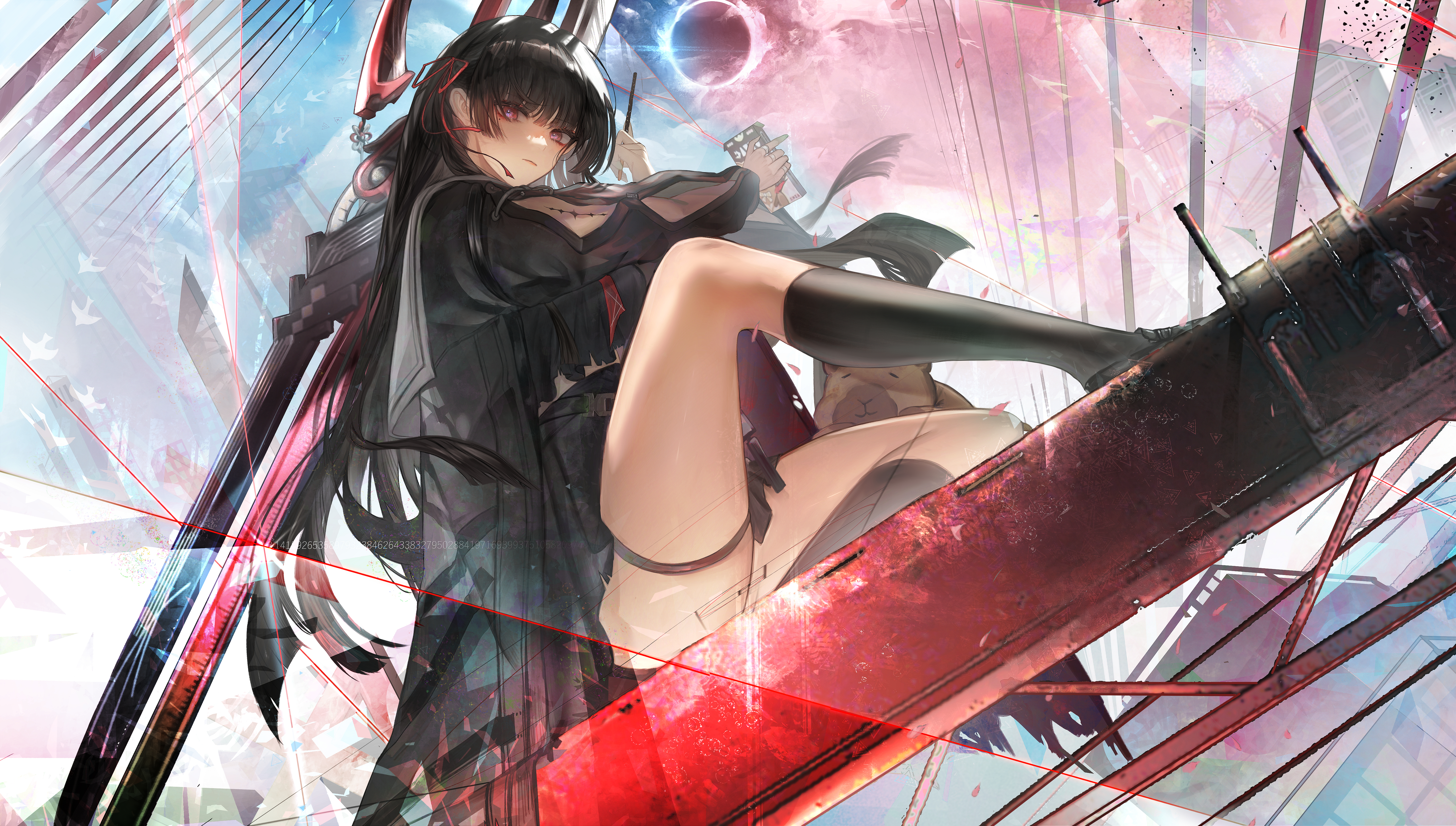 pomi (poan dan), chisa (wuthering waves), wuthering waves, absurdres, commentary, highres, 1girl, arm cutout, black hair, black jacket, black serafuku, black shirt, black skirt, black socks, breasts, closed mouth, clothing cutout, food, from side, hair ribbon, holding, holding food, holding pocky, jacket, knee up, long hair, long sleeves, looking at viewer, looking to the side, medium breasts, namipon (wuthering waves), neckerchief, pocky, red eyes, red neckerchief, red ribbon, ribbon, sailor collar, school uniform, serafuku, shirt, sitting, skirt, socks, solo, sword, tacet mark (wuthering waves), thigh strap, thighs, weapon, white sailor collar