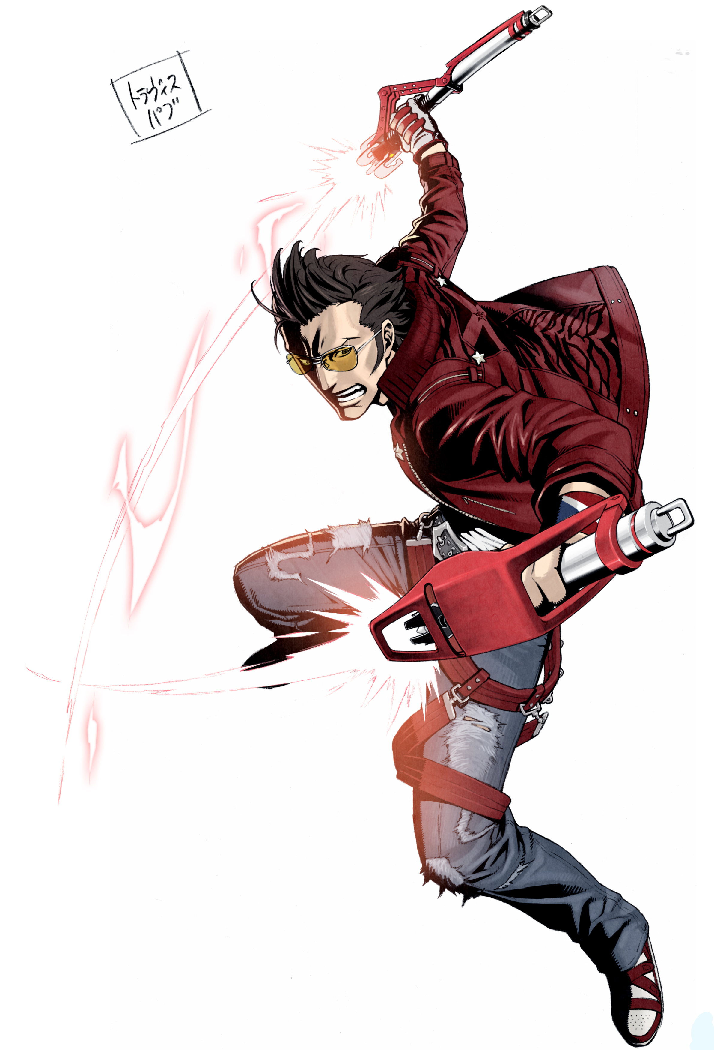 kozaki yuusuke, travis touchdown, grasshopper manufacture, no more heroes, no more heroes 2, absurdres, highres, official art, 1boy, dual wielding, energy sword, holding, lightsaber, male focus, solo, sunglasses, sword, weapon