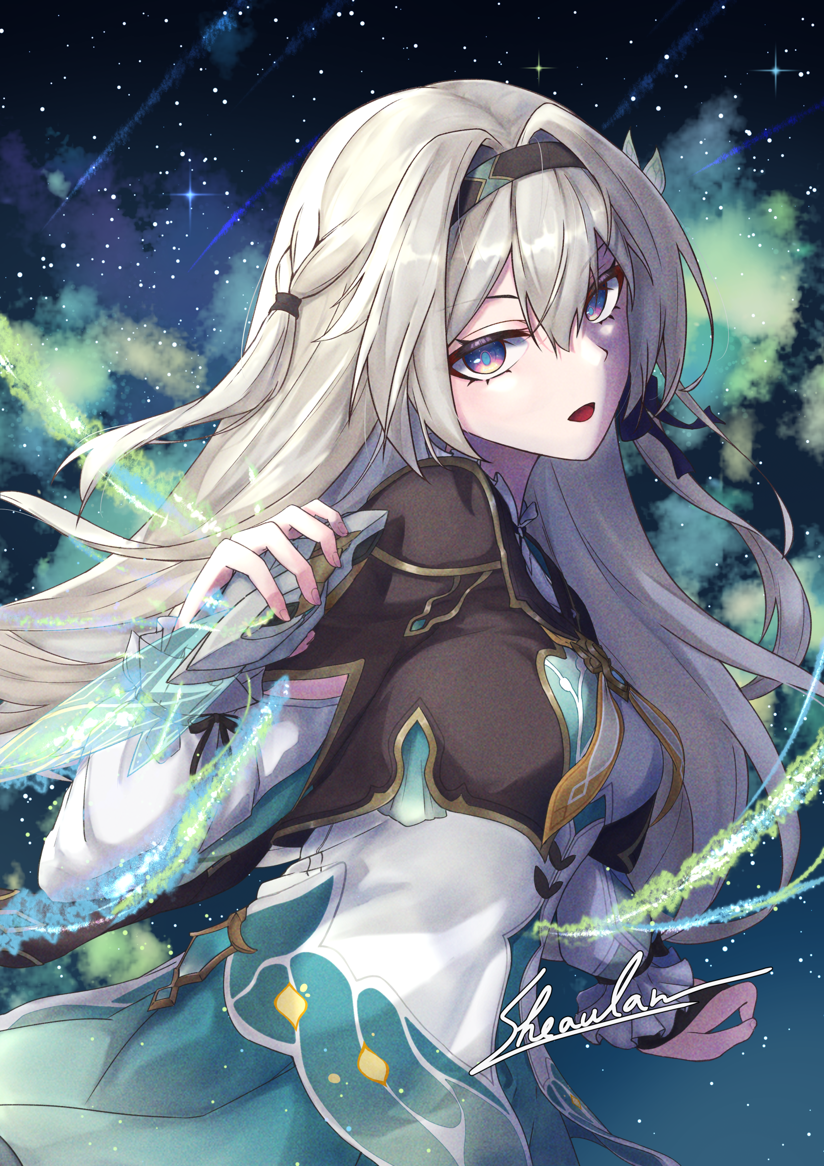 nightsheaulan, firefly (honkai: star rail), honkai: star rail, honkai (series), commentary request, highres, 1girl, aqua dress, aqua skirt, black hairband, black jacket, blue pupils, cropped jacket, dress, gradient eyes, grey hair, hair between eyes, hair ornament, hairband, jacket, looking at viewer, multicolored eyes, neckerchief, open mouth, signature, skirt, sky, solo, star (sky), starry sky, two-tone eyes