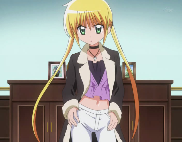 sanzen'in nagi, hayate no gotoku!, anime screenshot, 00s, blonde hair, choker, fashion, flat chest, green eyes, hands in pockets, hands on own hips, long hair, midriff, navel, solo, twintails