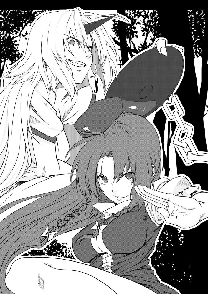 hiroya juuren, hong meiling, hoshiguma yuugi, touhou, 2girls, alcohol, braid, chain, cup, female focus, fighting stance, greyscale, grin, hair ribbon, hat, horns, long hair, monochrome, multiple girls, oni, ribbon, sakazuki, sake, single horn, smile, twin braids