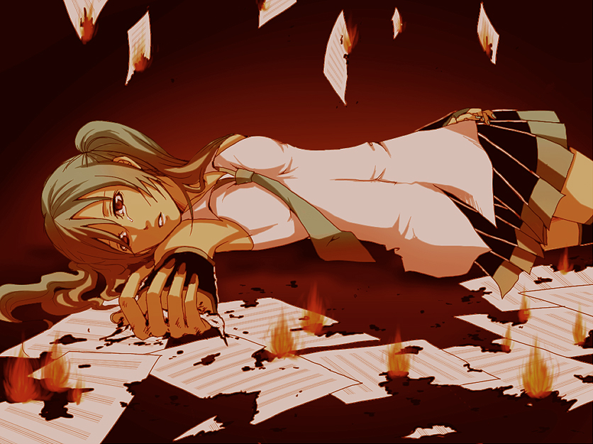 zen (pixiv16723), zen (zsmile), hatsune miku, vocaloid, 1girl, aqua hair, armpits, between breasts, breasts, detached sleeves, female focus, fire, flying paper, foreshortening, grey hair, hand on own hip, hip focus, lying, medium breasts, necktie, on back, on side, paper, red eyes, sheet music, skirt, solo, tears, thighhighs, twintails