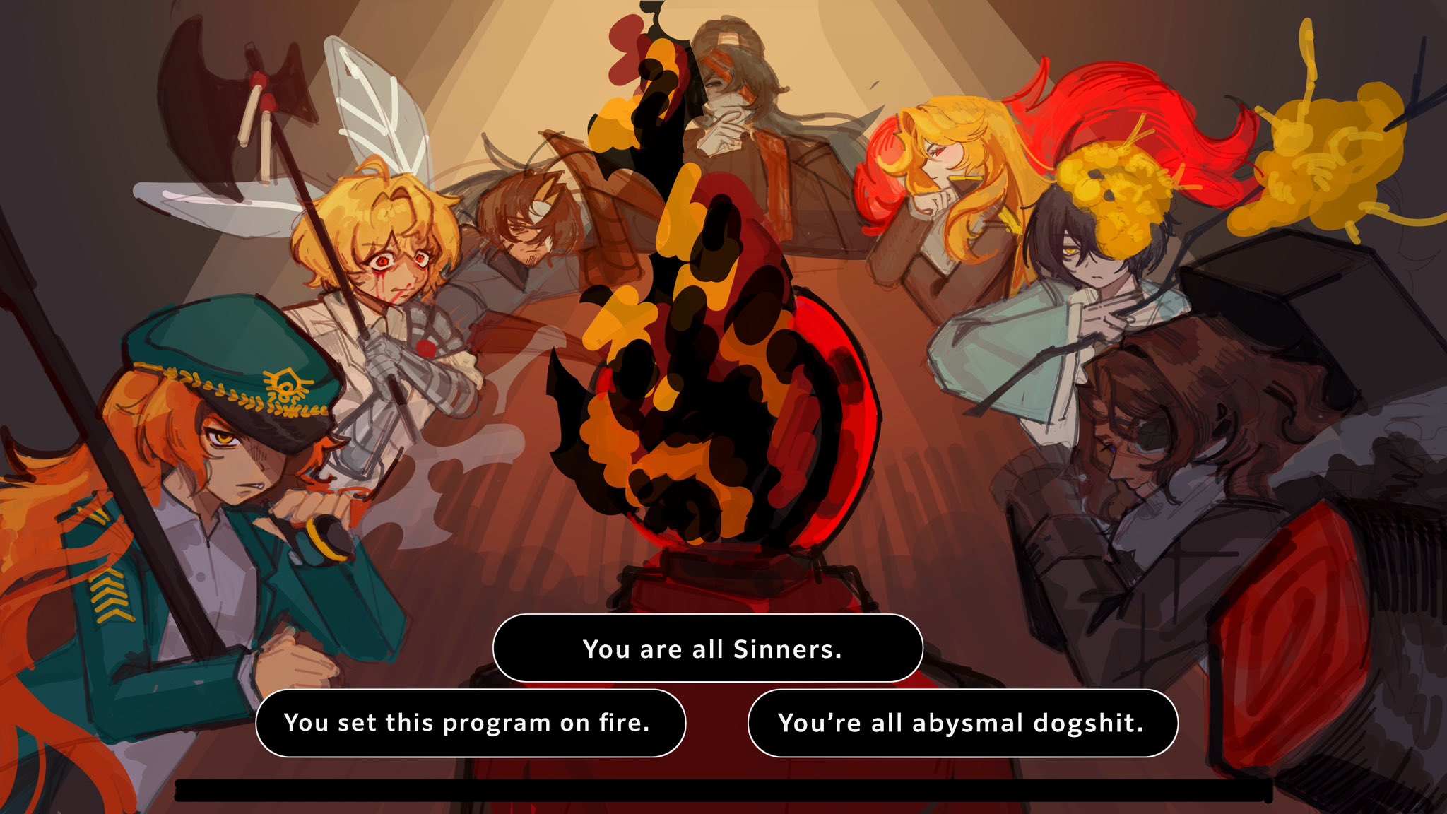 beanni, dante (limbus company), don quixote (project moon), gregor (project moon), heathcliff (project moon), hong lu (project moon), ishmael (project moon), sancho (project moon), sinclair (project moon), yi sang (project moon), dispatch, limbus company, project moon, commentary, english commentary, highres, 1other, 2girls, 5boys, alternate eye color, armor, arthropod limbs, bandage over one eye, black hair, blonde hair, blood, blood on face, blue jacket, branch, brown coat, brown hair, coat, coffin, crossover, dark-skinned male, dark skin, dullahan (project moon), e.g.o (project moon), english text, eyepatch, family hierarch candidate (identity) (project moon), feather boa, feathers, fire, flower, g corp. (identity) (project moon), gameplay mechanics, gauntlets, green jacket, halberd, hanbok, harpoon, hat, high ponytail, holding, holding branch, holding polearm, holding weapon, insect wings, jacket, korean clothes, long hair, multiple boys, multiple girls, n corp. fanatic (identity) (project moon), object head, orange hair, pauldrons, peaked cap, pequod (identity) (project moon), polearm, ponytail, profanity, red coat, red eyes, red feathers, short hair, shoulder armor, single pauldron, smoking pipe, spicebush (e.g.o), wax seal, weapon, white coat, wings, wuthering heights (identity) (project moon), yellow eyes