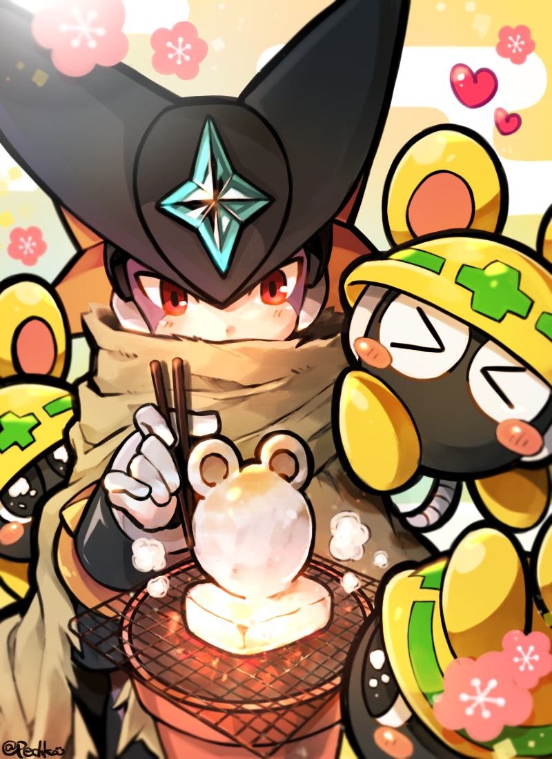 pechka, bass.exe (mega man), met (mega man), mega man (series), mega man battle network (series), commentary request, > <, 1boy, black helmet, blush stickers, brown scarf, chopsticks, cooking, egasumi, flower, food, helmet, holding, holding chopsticks, male focus, mochi, plum blossoms, red eyes, scarf, scarf over mouth, yellow helmet