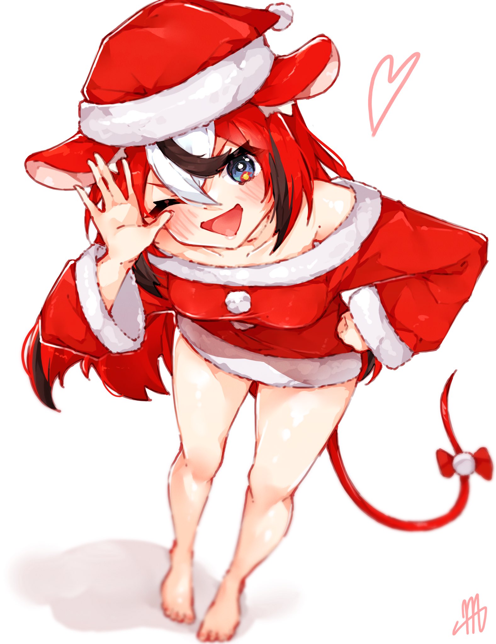 ma draws, hakos baelz, hololive, hololive english, hashtag-only commentary, highres, 1girl, bare legs, barefoot, blush, bow, breasts, christmas, fur trim, hat, medium breasts, multicolored hair, no pants, one eye closed, open mouth, santa costume, santa hat, streaked hair, tail, tail bow, tail ornament