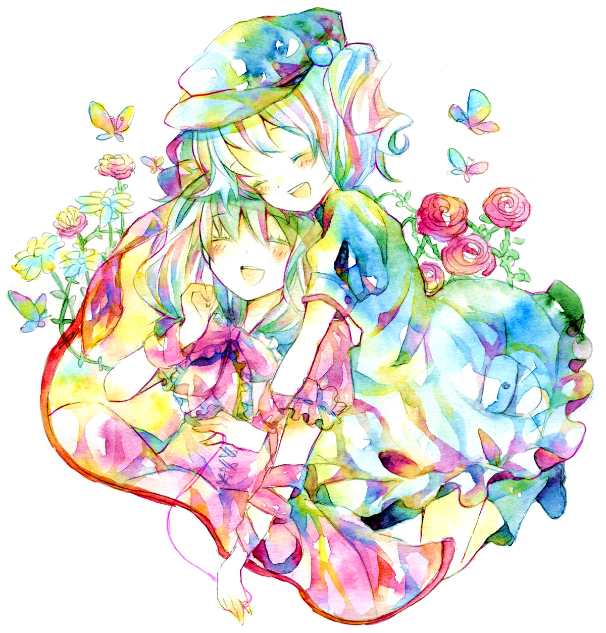 legomaru, kagiyama hina, kawashiro nitori, touhou, highres, painting (medium), traditional media, watercolor (medium), 2girls, bug, butterfly, colorful, female focus, flower, hug, multiple girls