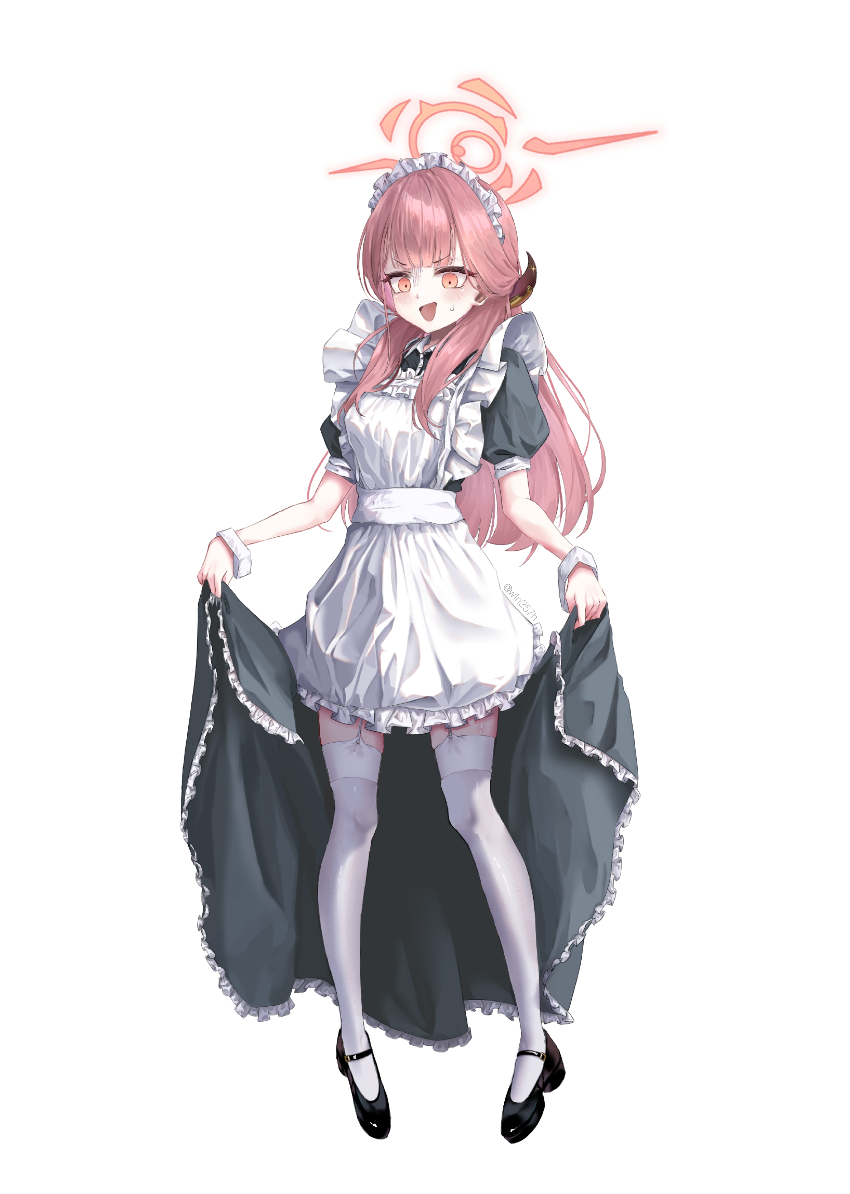 aru (blue archive), blue archive, absurdres, commentary request, highres, korean commentary, 1girl, :d, alternate costume, apron, black shirt, black shoes, black skirt, blunt bangs, blush, demon girl, demon horns, downturned eyes, enmaided, frilled apron, frilled skirt, frills, full body, garter straps, hair on horn, halo, holding, holding unworn clothes, holding unworn skirt, horns, lazy jeyuk bokkeum, long hair, looking down, maid, maid apron, maid headdress, mary janes, open mouth, pink eyes, pink hair, pink halo, puffy short sleeves, puffy sleeves, shirt, shoes, short sleeves, sidelocks, simple background, skirt, skirt hold, smile, solo, standing, straight hair, sweatdrop, thighhighs, twitter username, unworn skirt, very long hair, white apron, white background, white thighhighs, white wrist cuffs, wrist cuffs