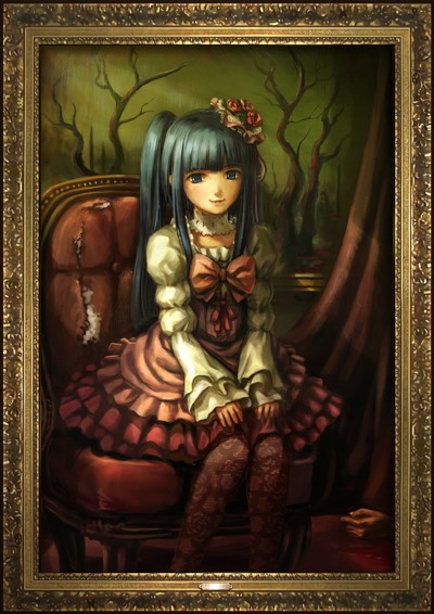 ekusa takahito, furudo erika, end of the golden witch, umineko no naku koro ni, framed, official art, 00s, 1girl, aqua eyes, aqua hair, blue eyes, blue hair, blunt bangs, bow, chair, choker, curtains, dress, female focus, flower, frilled dress, frills, green eyes, green hair, hair flower, hair ornament, hime cut, long hair, looking at viewer, matching hair/eyes, painting (object), pantyhose, pink bow, portrait, portrait (object), ribbon, sitting, skirt, smile, solo, thighhighs, throne, too many, twintails, v arms, when you see it