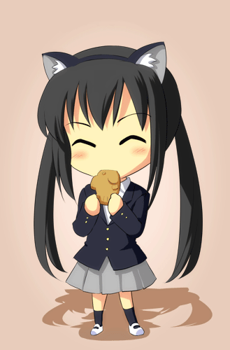 kankurou, nakano azusa, k-on!, animated, animated gif, lowres, 00s, animal ears, black hair, blush, cat ears, chibi, eating, food, long hair, school uniform, shoes, simple background, skirt, solo, taiyaki, twintails, uwabaki, wagashi