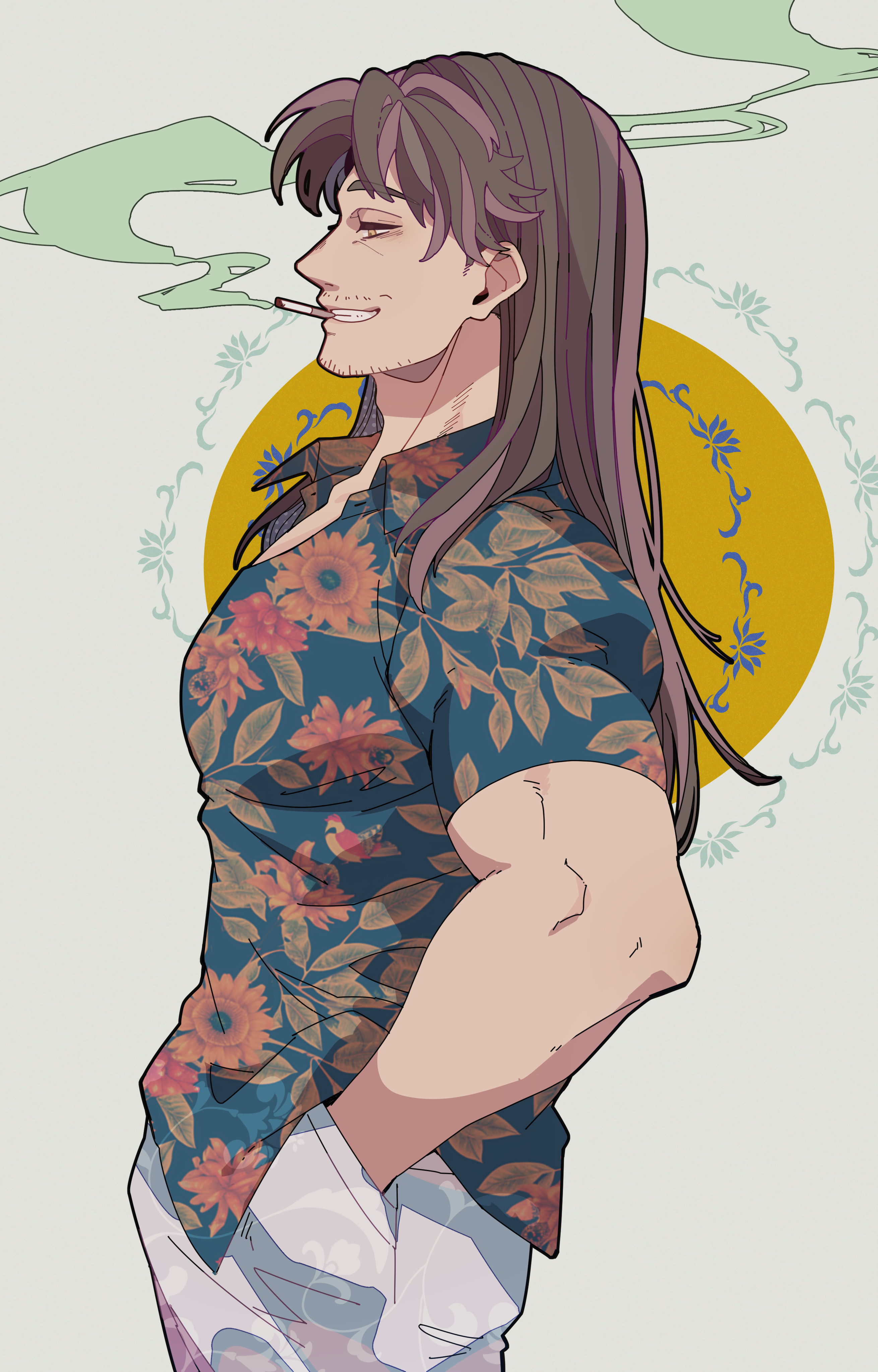 nekoma hikaru, kengan (series), kengan ashura, absurdres, commentary request, highres, 1boy, adam's apple, brown eyes, brown hair, cigarette, covered pectorals, cowboy shot, facial hair, from side, goatee stubble, grey background, hatsumi sen, hawaiian shirt, long hair, male focus, mature male, mouth hold, mustache stubble, pants, pectorals, shirt, short sleeves, smoke, smoking, solo, stubble, teeth hold, white pants