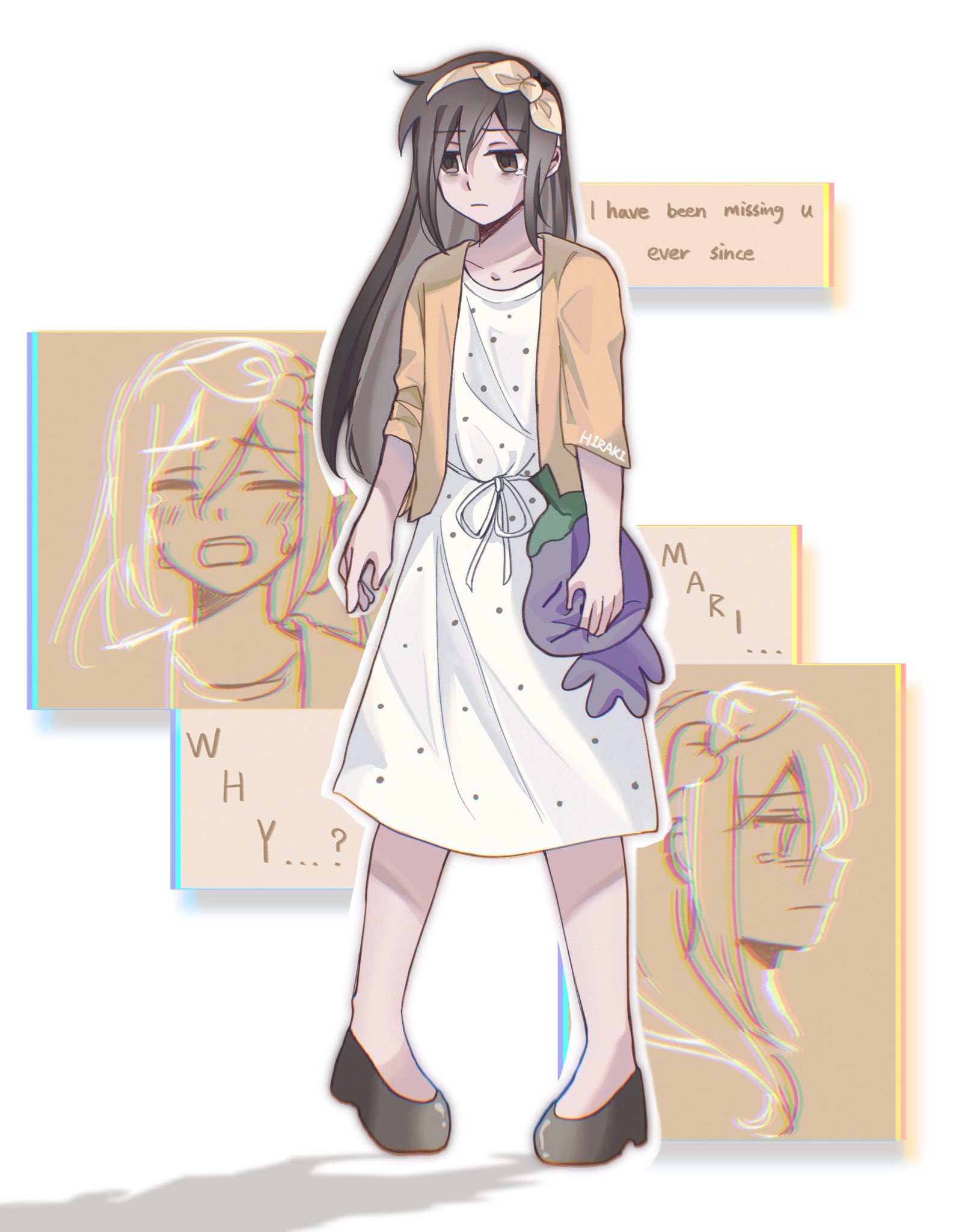 aoihiraki, aubrey (faraway) (omori), aubrey (omori), mr. plantegg (omori), omori, commentary, english commentary, highres, 1girl, black eyes, black hair, black shoes, closed mouth, dress, full body, hairband, holding, holding stuffed toy, long hair, official alternate costume, shoes, short sleeves, sidelocks, solo, stuffed animal, stuffed eggplant, stuffed toy, tearing up, white dress, yellow hairband
