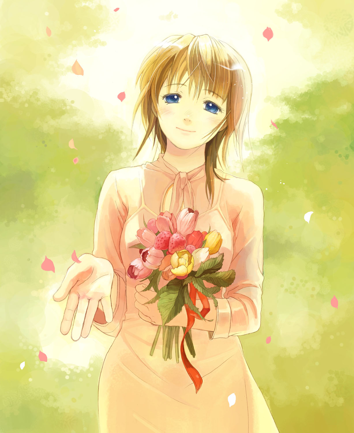 luine, takeda mika, bad id, bad pixiv id, highres, blue eyes, blush, bouquet, brown hair, dress, flower, petals, smile, solo, tulip