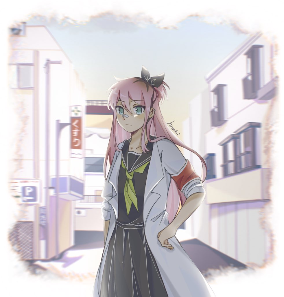 aoihiraki, aubrey (faraway) (omori), aubrey (omori), omori, commentary, english commentary, 1girl, alternate costume, armband, bandaid, bandaid on face, bandaid on nose, black ribbon, black skirt, blue eyes, blurry, blurry background, closed mouth, collarbone, day, ear piercing, green neckerchief, hair ribbon, jacket, long hair, long skirt, looking at viewer, neckerchief, outdoors, piercing, pink hair, pleated skirt, ribbon, school uniform, skirt, solo, white jacket