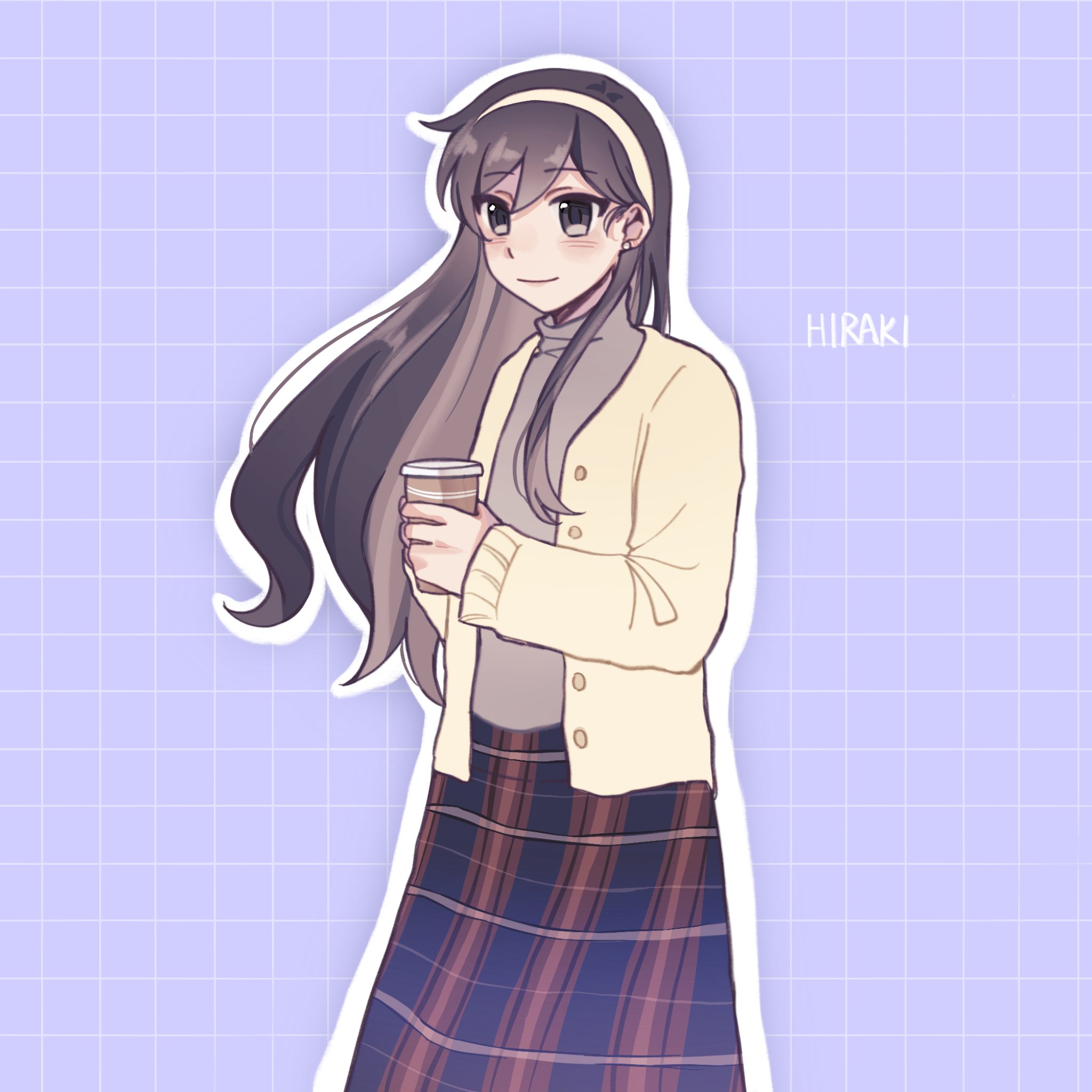 aoihiraki, mari (faraway) (omori), mari (omori), omori, commentary, english commentary, highres, 1girl, alternate costume, alternate hair color, black eyes, black hair, blush, brown hair, brown sweater, cardigan, closed mouth, cup, disposable coffee cup, disposable cup, double-parted bangs, ear piercing, hair between eyes, hairband, holding, holding cup, long hair, long skirt, long sleeves, looking at viewer, multicolored hair, open cardigan, open clothes, outline, piercing, plaid clothes, plaid skirt, skirt, smile, solo, sweater, two-tone hair, white cardigan, white hairband, white outline
