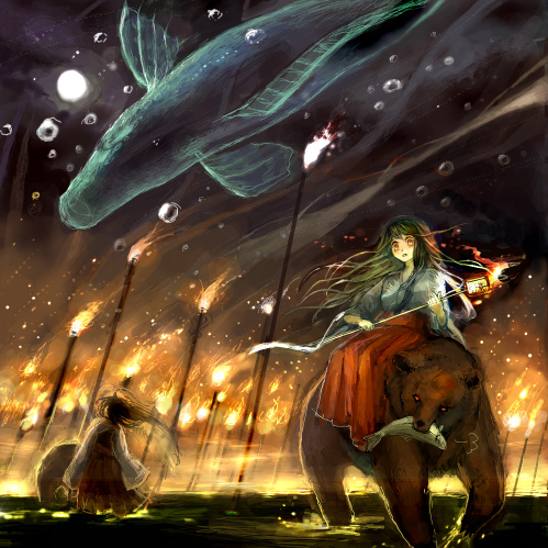 chibi (artist), chibi (shimon), bad id, bad pixiv id, lowres, 2girls, animal, back, bear, fire, fish, japanese clothes, long hair, miko, moon, multiple girls, night, riding, standing, surprised, surreal, torch, wading, water, whale