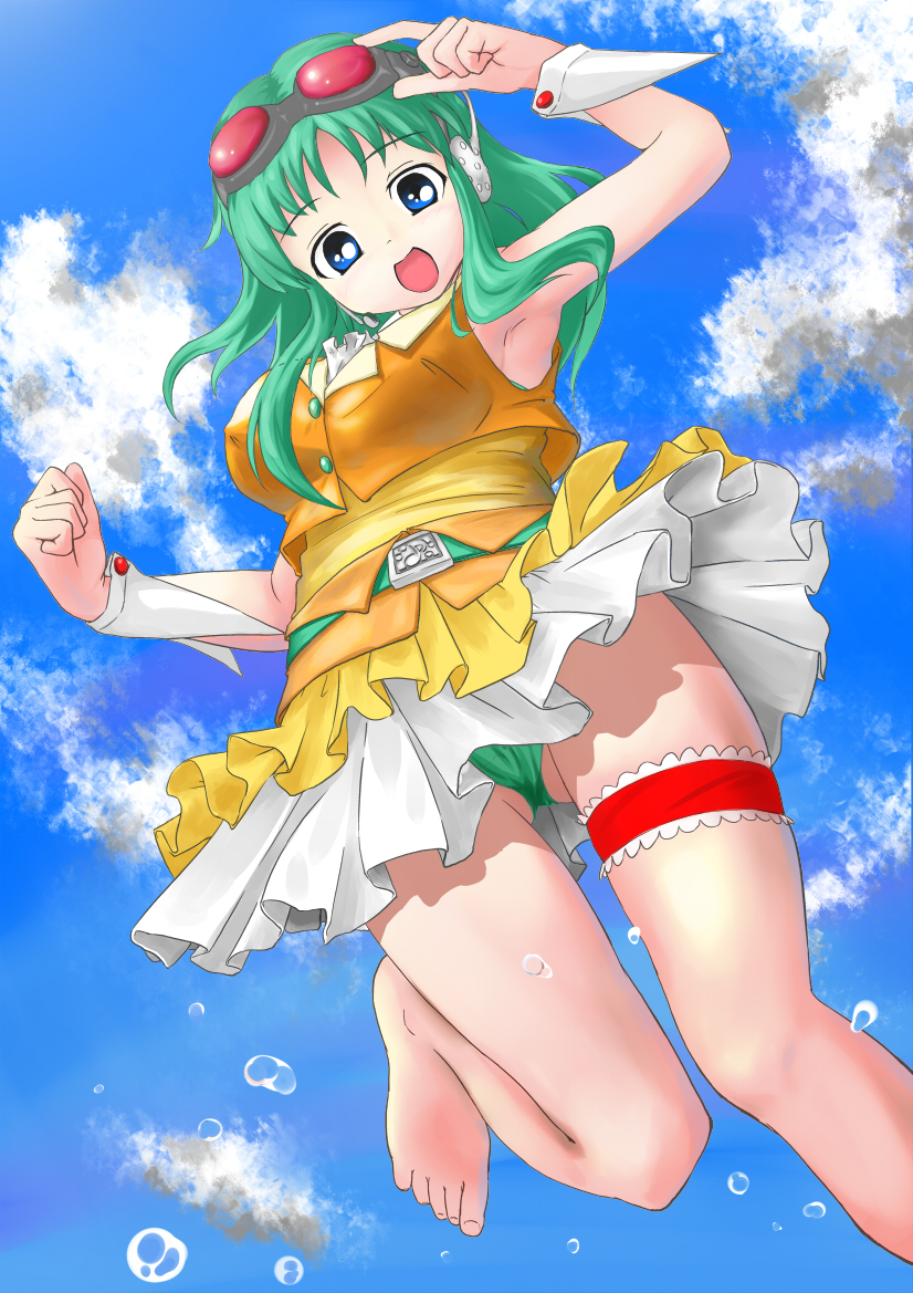 sota, gumi, vocaloid, bad id, bad pixiv id, 1girl, :d, armpits, barefoot, belt, blue eyes, day, female focus, from below, goggles, green hair, headphones, headset, long hair, looking down, open mouth, outdoors, panties, skirt, sky, smile, solo, underwear, wrist cuffs