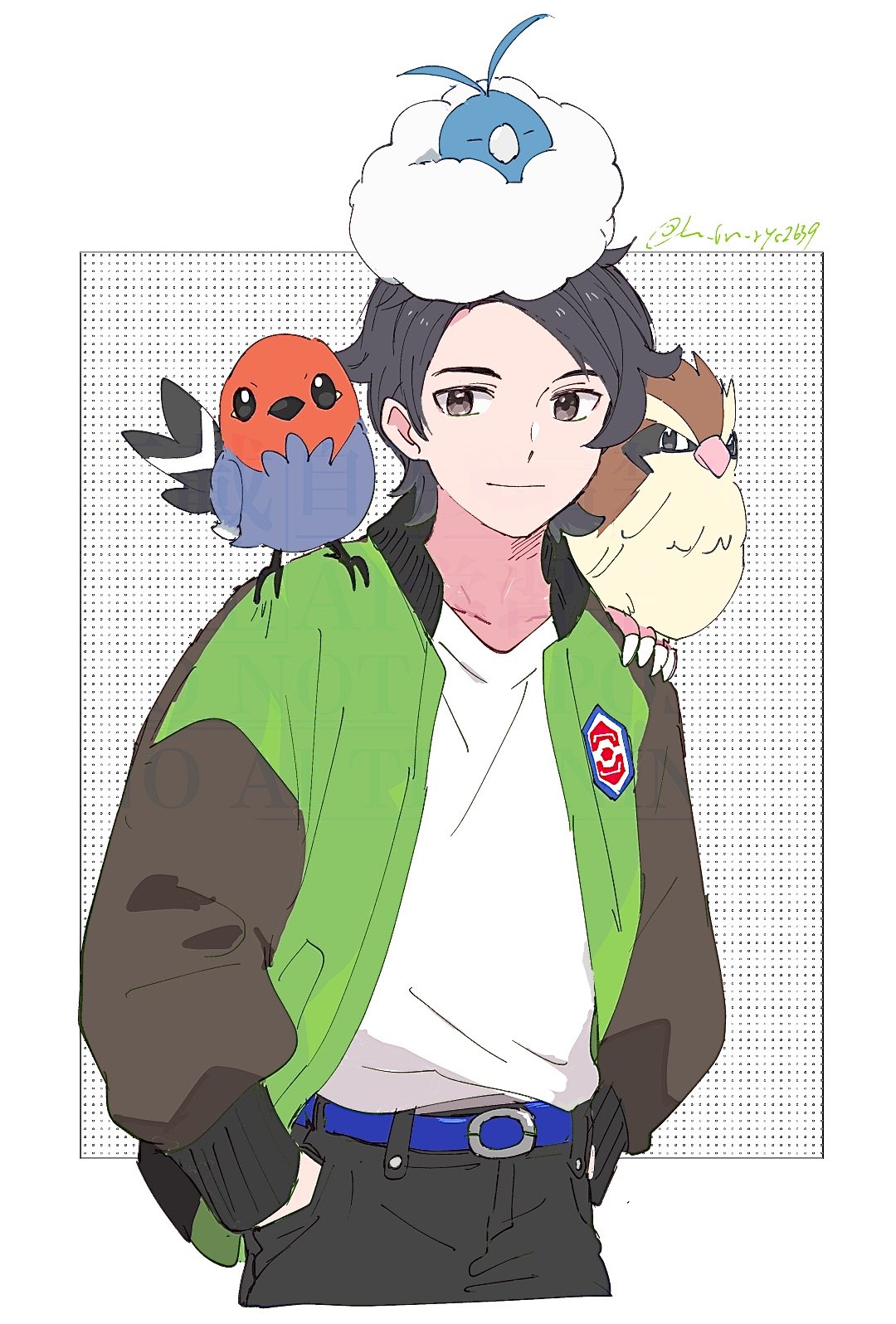 hinata (ryohinata), fletchling, paxton (pokemon), pidgey, swablu, nintendo, pokemon, pokemon legends: z-a, commentary request, highres, 1boy, belt, belt buckle, black hair, black pants, blue belt, buckle, closed eyes, closed mouth, collarbone, collared jacket, crew neck, cropped legs, gen 1 pokemon, gen 3 pokemon, gen 6 pokemon, grey eyes, jacket, long sleeves, male focus, multicolored jacket, on head, on shoulder, open clothes, open jacket, pants, pokemon (creature), pokemon on head, pokemon on shoulder, shirt, shirt tucked in, smile, solo, twitter username, two-tone jacket, white shirt