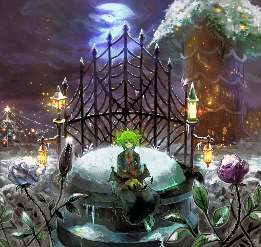 chibi (artist), chibi (shimon), bad id, bad pixiv id, gender request, 00s, 2008, androgynous, animal, bat (animal), christmas, fantasy, flower, glasses, green eyes, green hair, halloween, matching hair/eyes, moon, nature, necktie, night, rose, sitting, snow, solo, tree, treehouse
