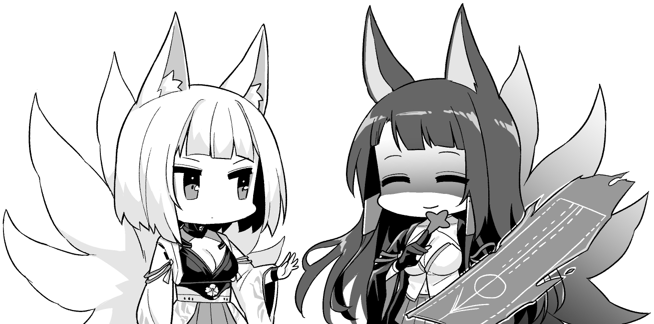 hori (hori no su), akagi (azur lane), kaga (azur lane), azur lane, azur lane: slow ahead, commentary, official art, 2girls, animal ear fluff, animal ears, breasts, chibi, cleavage, closed eyes, flight deck, fox ears, fox girl, fox tail, gloves, greyscale, hair ornament, japanese clothes, long hair, looking at another, monochrome, multiple girls, multiple tails, navel, partially fingerless gloves, pleated skirt, sakuramon, shaded face, shikigami, short hair, simple background, skirt, smile, spread fingers, stop (gesture), tail, white background, yandere