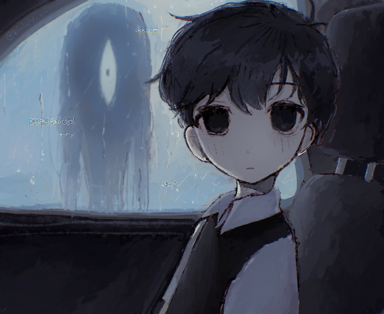 lulu (blululu), something (omori), sunny (omori), omori, commentary, english commentary, spoilers, 1boy, antenna hair, black eyes, black hair, black sweater vest, blush, car interior, closed mouth, collared shirt, expressionless, looking at viewer, male focus, shirt, short hair, short sleeves, solo, sweater vest, white shirt