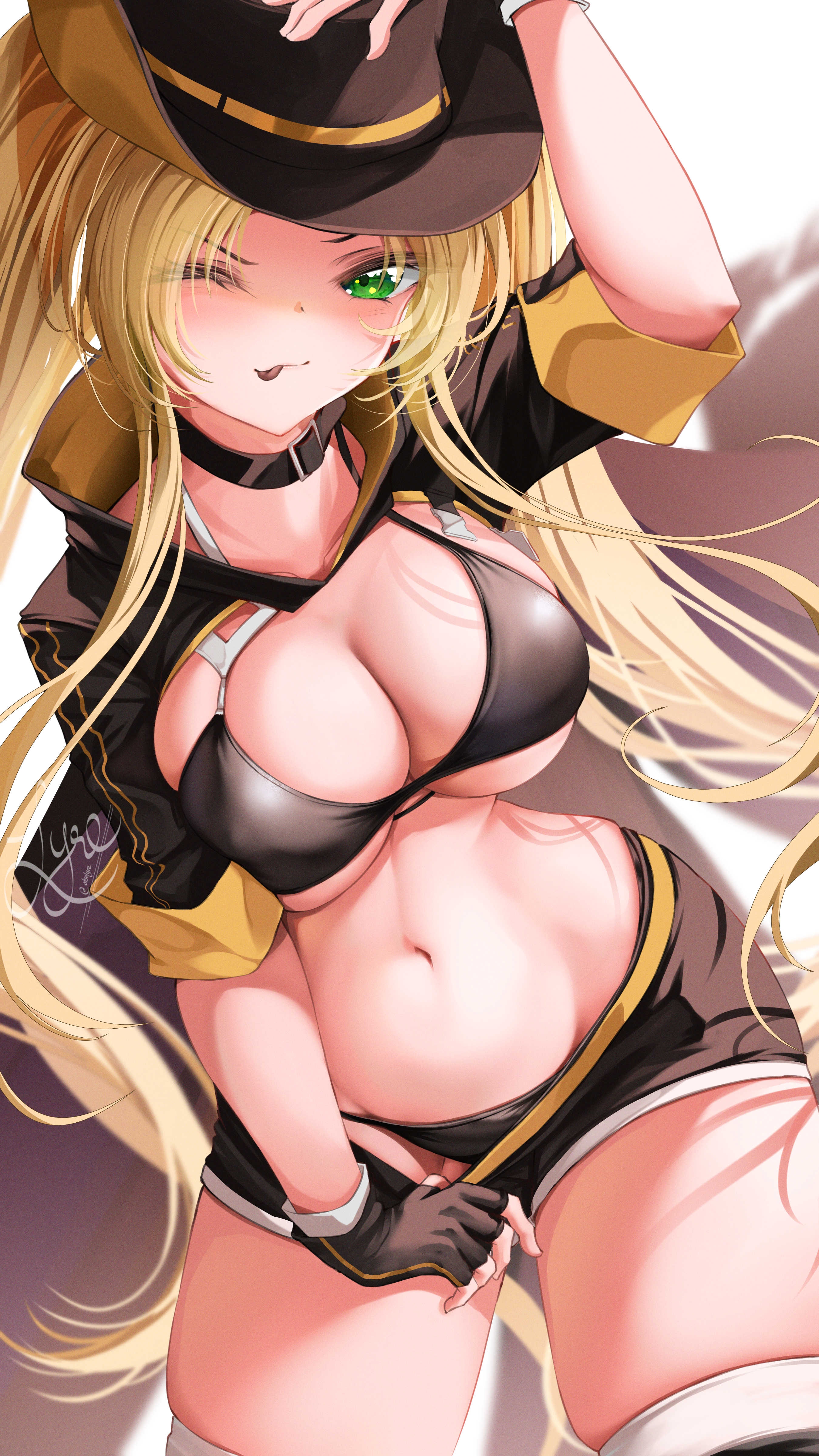hornet (azur lane), hornet ii (azur lane), azur lane, absurdres, commentary, english commentary, highres, 1girl, arm up, belt, bikini, bikini top only, black bikini, black choker, black gloves, black hat, black shrug, black thighhighs, blonde hair, blush, breasts, choker, cleavage, clothes pull, collarbone, cowboy hat, cowboy shot, fingerless gloves, gloves, green eyes, groin, hat, large breasts, long hair, looking at viewer, lyre (otsulyre), navel, one eye closed, parted bangs, pulling own clothes, short shorts, shorts, shorts pull, shrug (clothing), sidelocks, signature, simple background, skindentation, smile, solo, standing, stomach, swimsuit, thighhighs, tongue, tongue out, twintails, very long hair, white background, white thighhighs, yellow belt