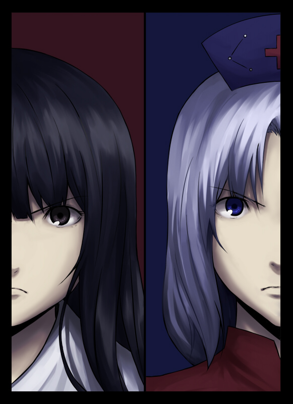 hiroya juuren, houraisan kaguya, yagokoro eirin, touhou, silver hair, 2girls, black eyes, black hair, blue eyes, female focus, multiple girls