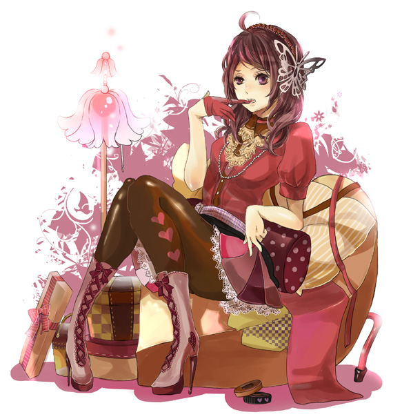 sakuragi kei, ahoge, boots, gloves, hair ornament, hairband, high heels, jewelry, pantyhose, purple eyes, purple hair, ribbon, shoes, sitting, skirt, solo