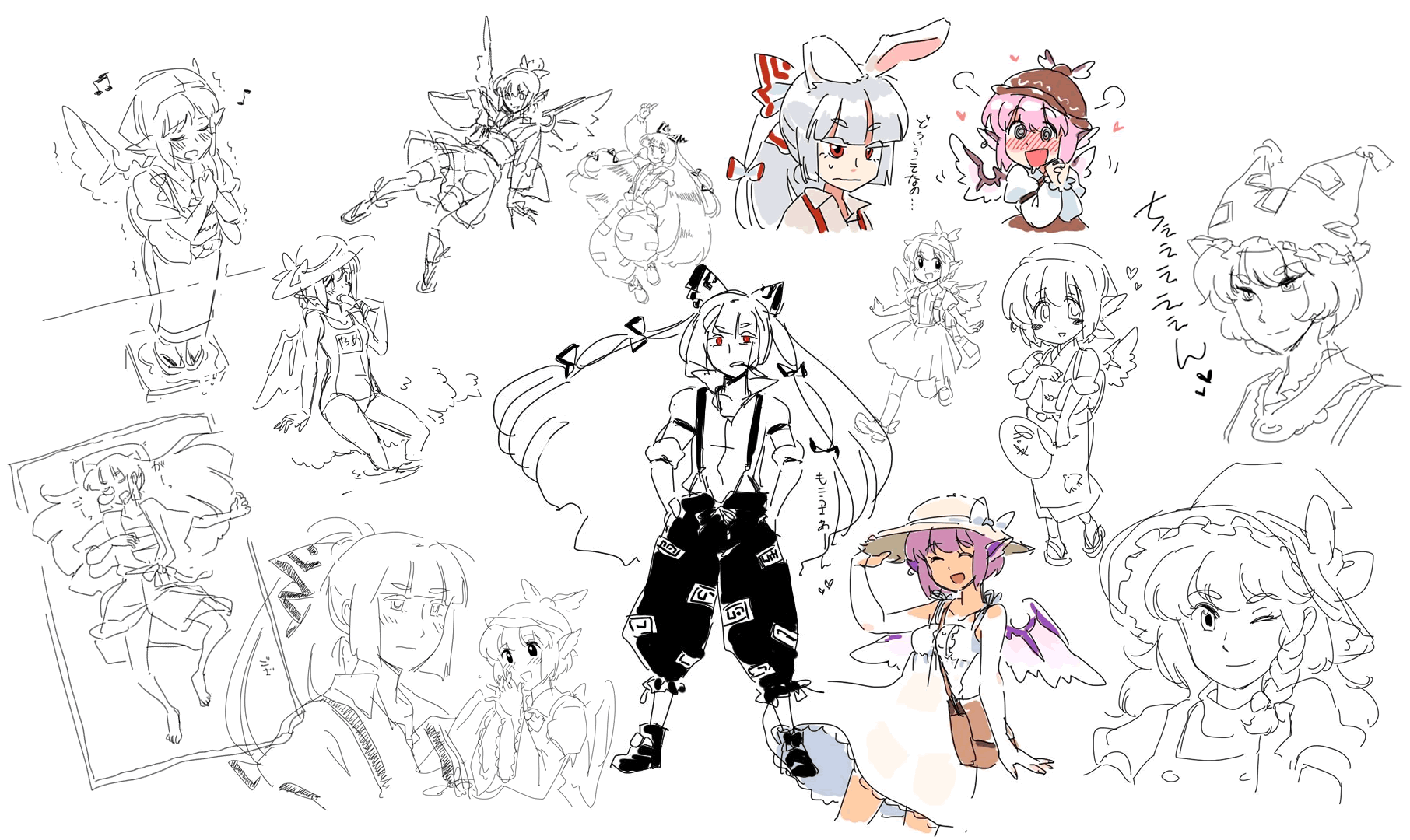 mitsumoto jouji, fujiwara no mokou, kirisame marisa, mystia lorelei, okamisty, yakumo ran, touhou, highres, partially translated, translation request, 4girls, aged down, alternate costume, alternate hairstyle, animal ears, blush, dress, female focus, food, hat, hat ribbon, japanese clothes, monochrome, multiple girls, music, one-piece swimsuit, one eye closed, own hands clasped, own hands together, partially colored, ponytail, popsicle, rabbit ears, ribbon, sarashi, school swimsuit, school uniform, singing, sketch, sleeping, sleeves rolled up, smile, sundress, swimsuit, trembling, wink