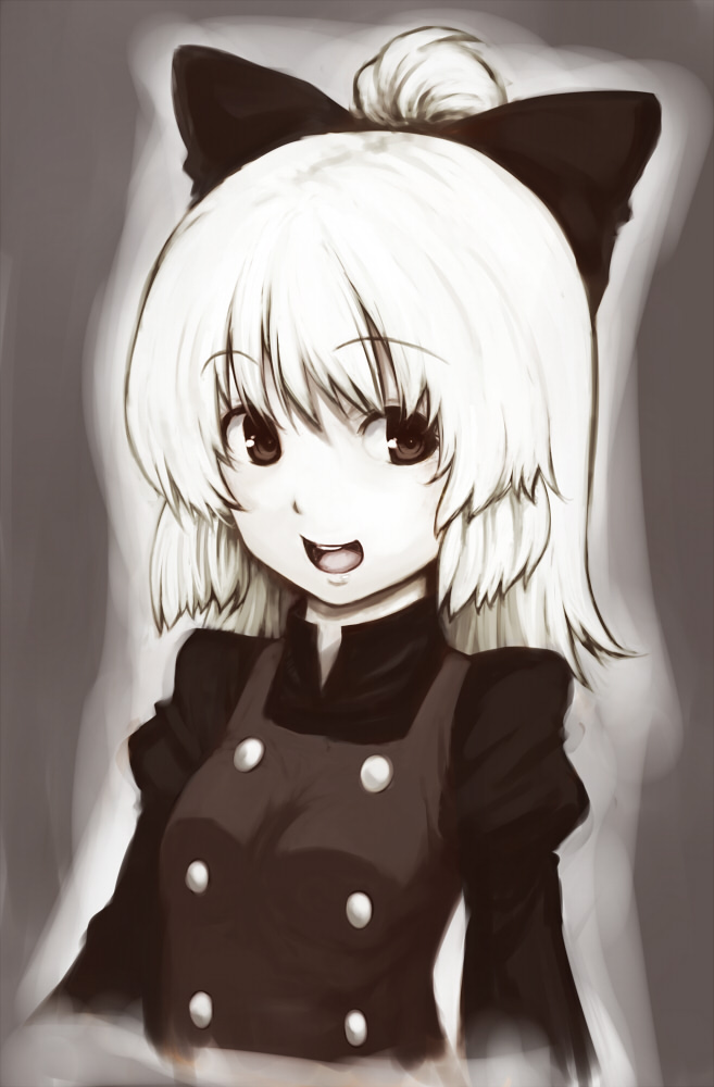 hiroya juuren, kurodani yamame, touhou, 1girl, female focus, gradient background, monochrome, smile, solo