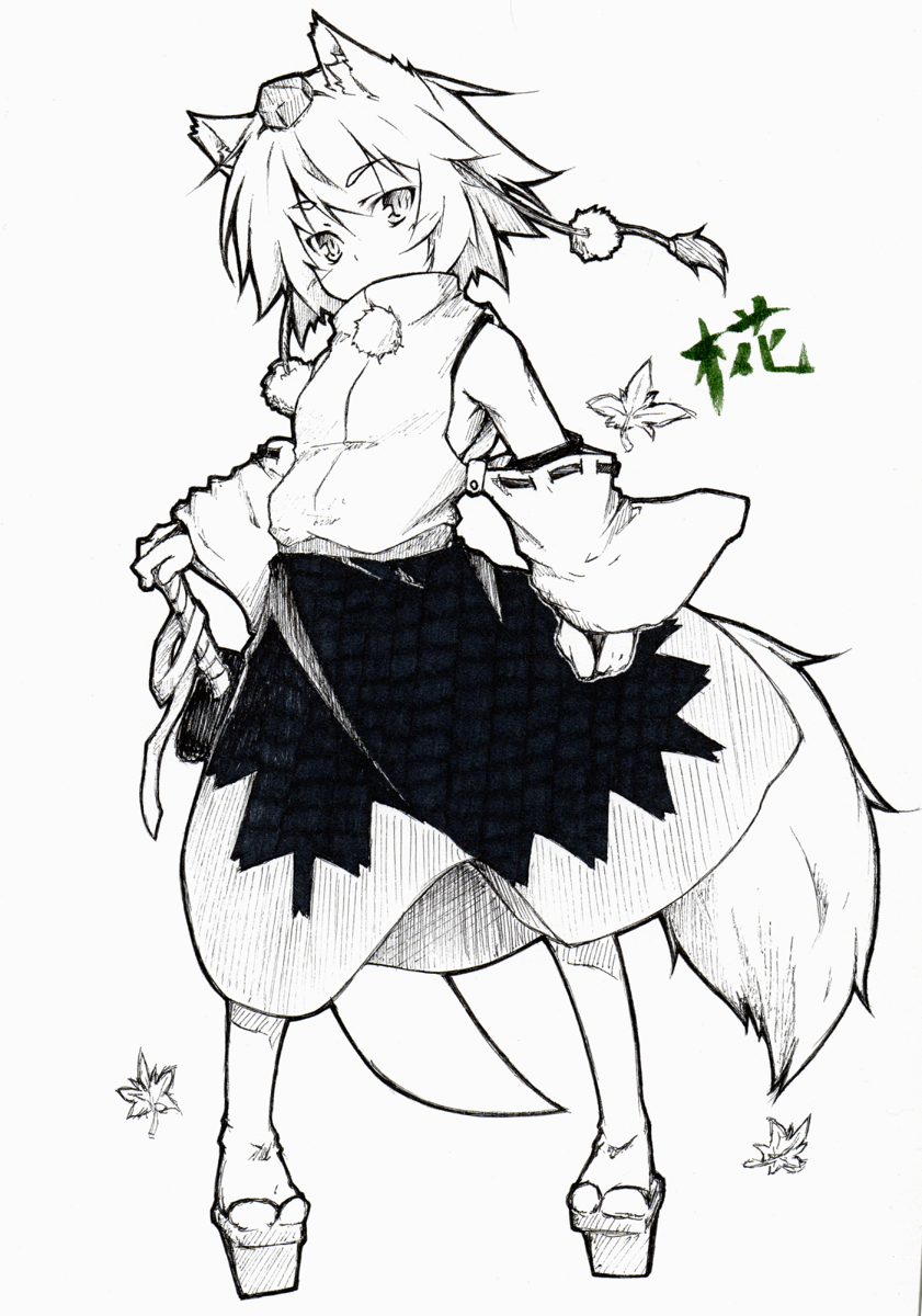 kazami mioyoru, kazami ryouya, inubashiri momiji, touhou, bad id, bad pixiv id, highres, 1girl, animal ears, detached sleeves, female focus, geta, greyscale, hat, leaf, monochrome, short hair, solo, sword, tail, tengu-geta, tokin hat, weapon, wolf ears, wolf tail