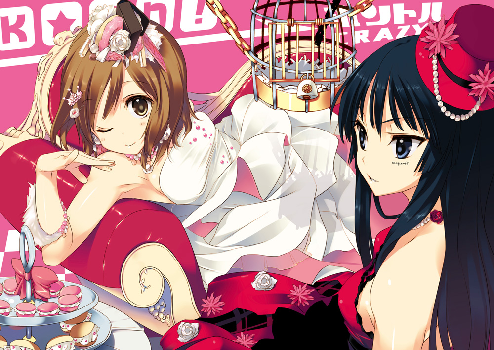 tatami to hinoki, akiyama mio, hirasawa yui, k-on!, bad id, bad pixiv id, 00s, 2girls, bare shoulders, birdcage, black hair, blue eyes, brown eyes, brown hair, cage, cookie, couch, donut, dress, food, food-themed clothes, hair ornament, hat, jewelry, lock, long hair, macaron, mini hat, mini top hat, multiple girls, necklace, one eye closed, padlock, red dress, short hair, smile, tiered tray, top hat, white dress, wink