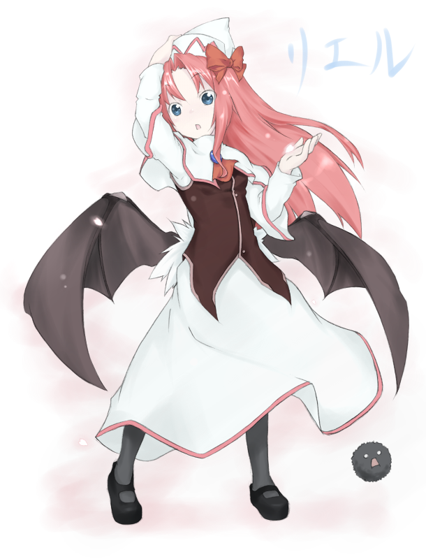 kazami mioyoru, kazami ryouya, kedama (touhou), koakuma, lily white, embodiment of scarlet devil, touhou, bad id, bad pixiv id, 1girl, :o, arm up, bat wings, blue eyes, dress, female focus, hand on headwear, hat, if they mated, long hair, low wings, pantyhose, red hair, solo, vest, wings