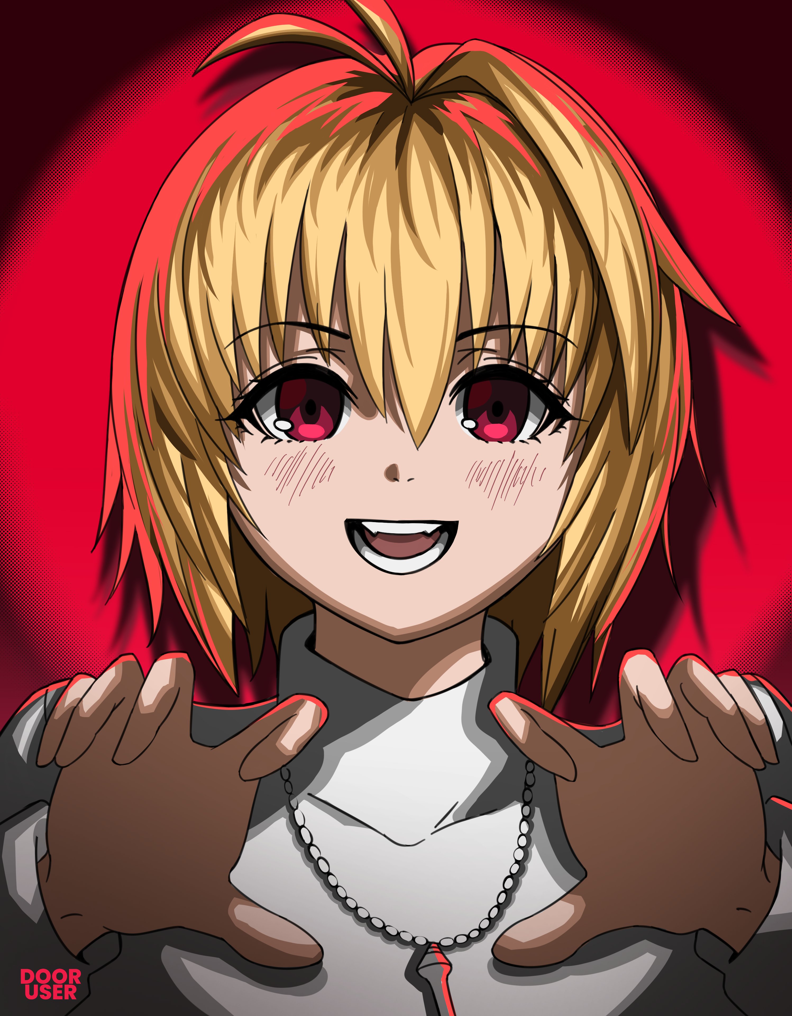 arcueid brunestud, tsukihime, tsukihime (remake), absurdres, highres, 1girl, ahoge, blonde hair, blush, dooruser1, hair intakes, jewelry, looking at viewer, neck, necklace, open mouth, profile, reaching, reaching towards viewer, red eyes, short hair, smile, sweater, turtleneck, turtleneck sweater, white sweater