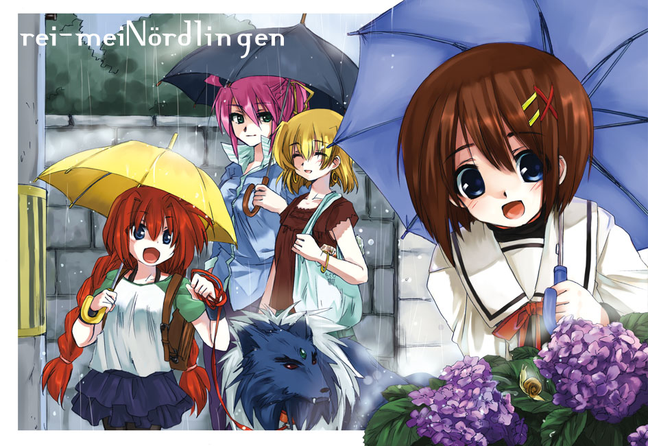 kuroi mimei, shamal, signum, vita (nanoha), yagami hayate, zafira, lyrical nanoha, mahou shoujo lyrical nanoha, mahou shoujo lyrical nanoha a's, 00s, 4girls, animal, blonde hair, blue eyes, bracelet, braid, brown hair, casual, closed eyes, earrings, flower, green eyes, hair ornament, hair ribbon, hairclip, happy, hydrangea, jewelry, leash, long hair, multiple girls, open mouth, pink hair, ponytail, rain, red hair, ribbon, school uniform, short hair, skirt, smile, twin braids, umbrella, x hair ornament
