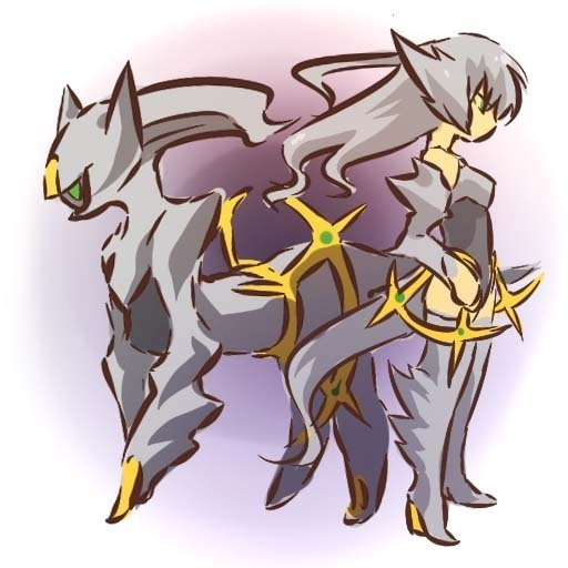 hitec, arceus, moemon, nintendo, pokemon, pokemon dppt, silver hair, 00s, 1girl, animal ears, boots, costume, creature and personification, detached sleeves, gen 4 pokemon, legendary pokemon, long hair, mythical pokemon, personification, pokemon (creature), standing, tail, thigh boots, thighhighs