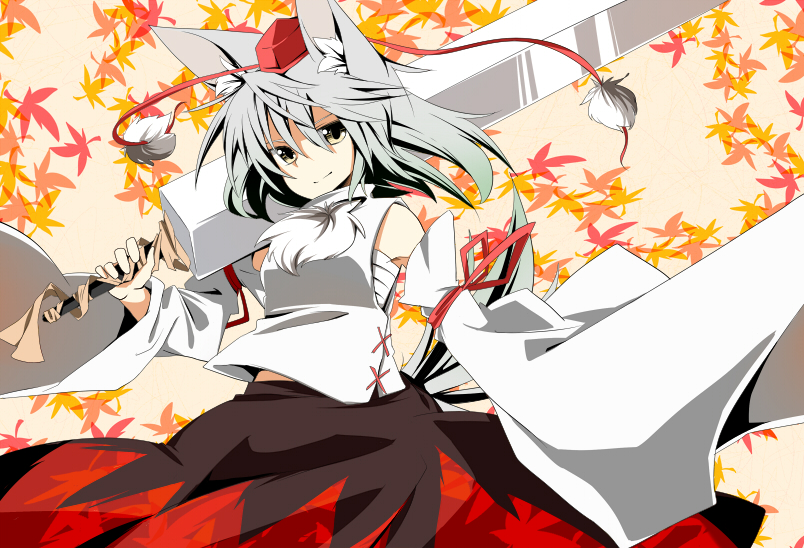 la-do, oguro (moyashi 2-hon), inubashiri momiji, touhou, silver hair, bad id, bad pixiv id, 1girl, animal ears, detached sleeves, female focus, hat, sarashi, short hair, solo, sword, tail, tokin hat, weapon, wolf ears, wolf tail