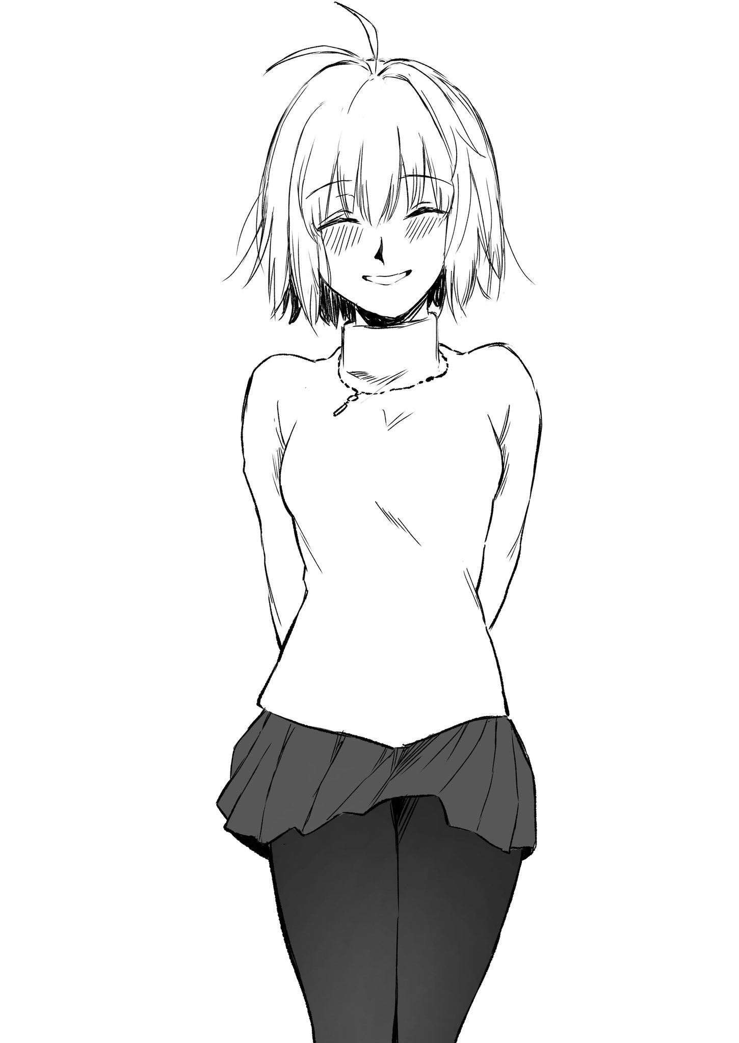 hirekatsu-kan, arcueid brunestud, tsukihime, tsukihime (remake), commentary request, highres, 1girl, ahoge, arms behind back, black pantyhose, blush, closed eyes, grin, hair between eyes, hair intakes, jewelry, miniskirt, monochrome, necklace, pantyhose, short hair, skirt, smile, sweater, turtleneck, turtleneck sweater