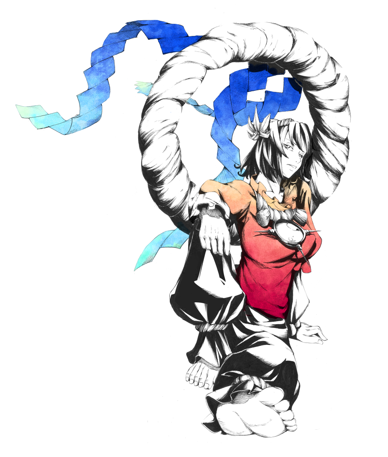 sousou (sousouworks), yasaka kanako, touhou, partially translated, translation request, 1girl, arm support, artistic error, bad anatomy, bad feet, barefoot, breasts, extra digits, feet, female focus, flower, full body, hair flower, hair ornament, lazy eye, leg lift, partially colored, poorly drawn, rope, short hair, sitting, solo, wall-eyed