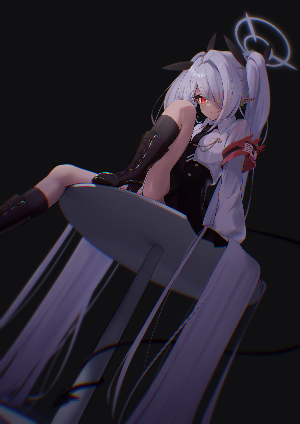 kimagurain, iori (blue archive), blue archive, commentary request, highres, armband, black background, black boots, black necktie, black skirt, black socks, black tail, boots, demon girl, demon tail, grey hair, grey halo, hair over one eye, halo, high heel boots, high heels, necktie, one eye covered, pointy ears, red armband, red eyes, shirt, simple background, skirt, socks, tail, thighs, twintails, white shirt