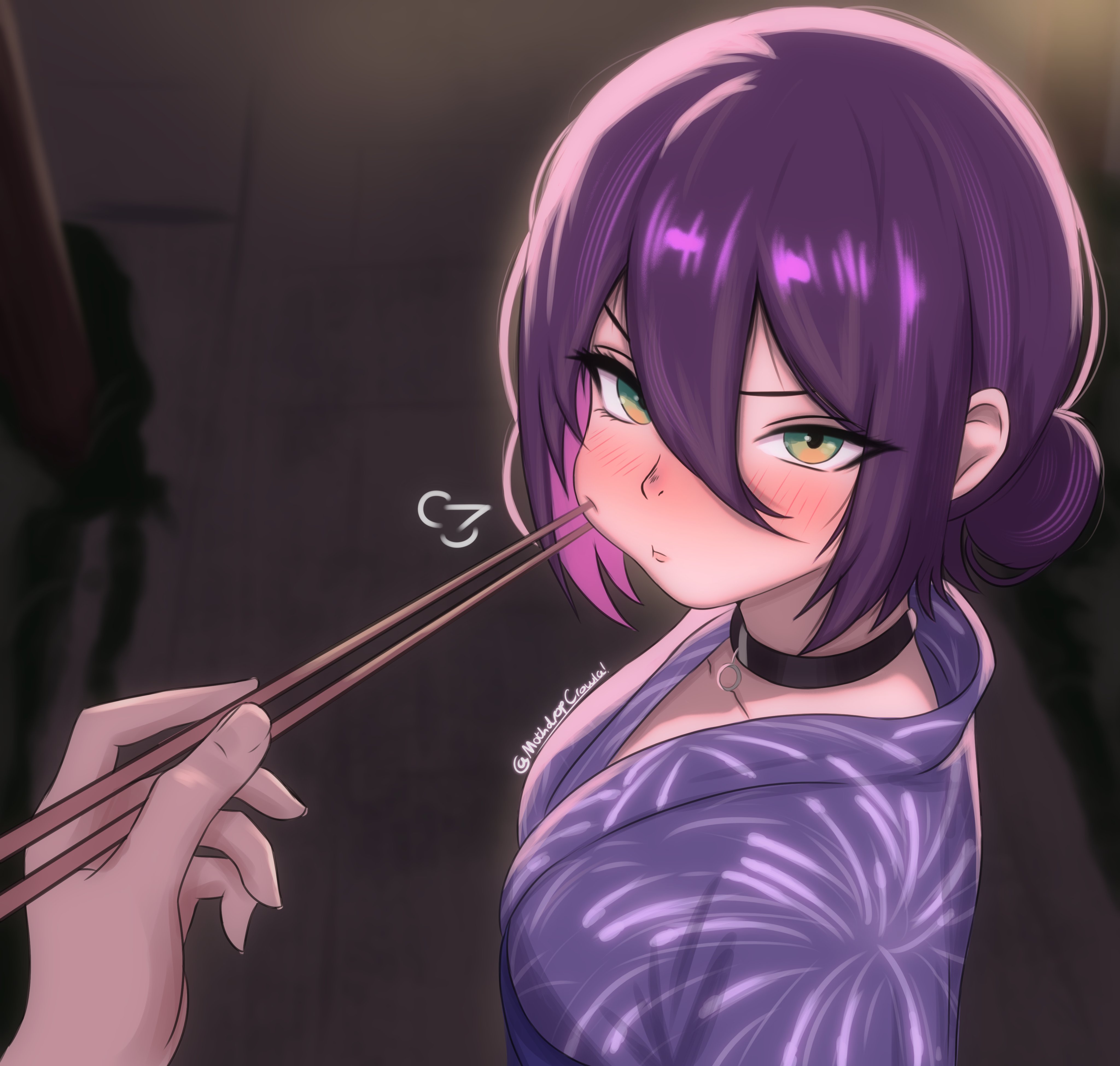 mothdropcrowla, reze (chainsaw man), chainsaw man, absurdres, commentary, english commentary, highres, 1girl, black choker, choker, green eyes, grenade pin, hair between eyes, hair bun, hand up, japanese clothes, kimono, long hair between eyes, pov, single hair bun, yukata