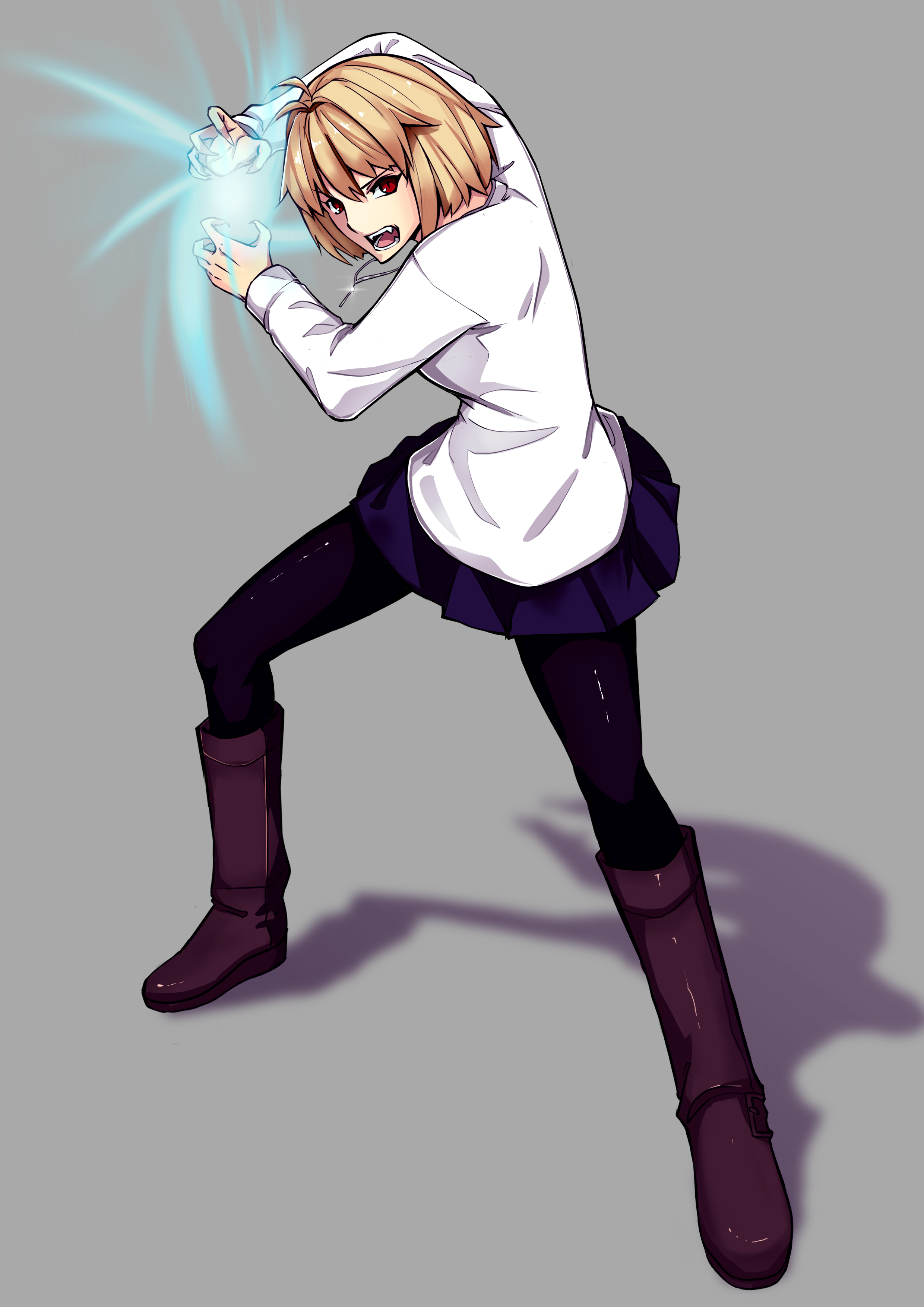 arcueid brunestud, street fighter, tsukihime, tsukihime (remake), absurdres, artist request, highres, source request, 1girl, ahoge, angry, arms up, black pantyhose, blonde hair, blue skirt, boots, brown boots, buckle boot, energy ball, fangs, fighting game, fighting stance, fingernails, grey background, hadouken, hair intakes, imminent attack, jewelry, looking at viewer, miniskirt, necklace, open mouth, pantyhose, red eyes, sharp fingernails, short hair, skirt, sweater, turtleneck, turtleneck sweater, white sweater