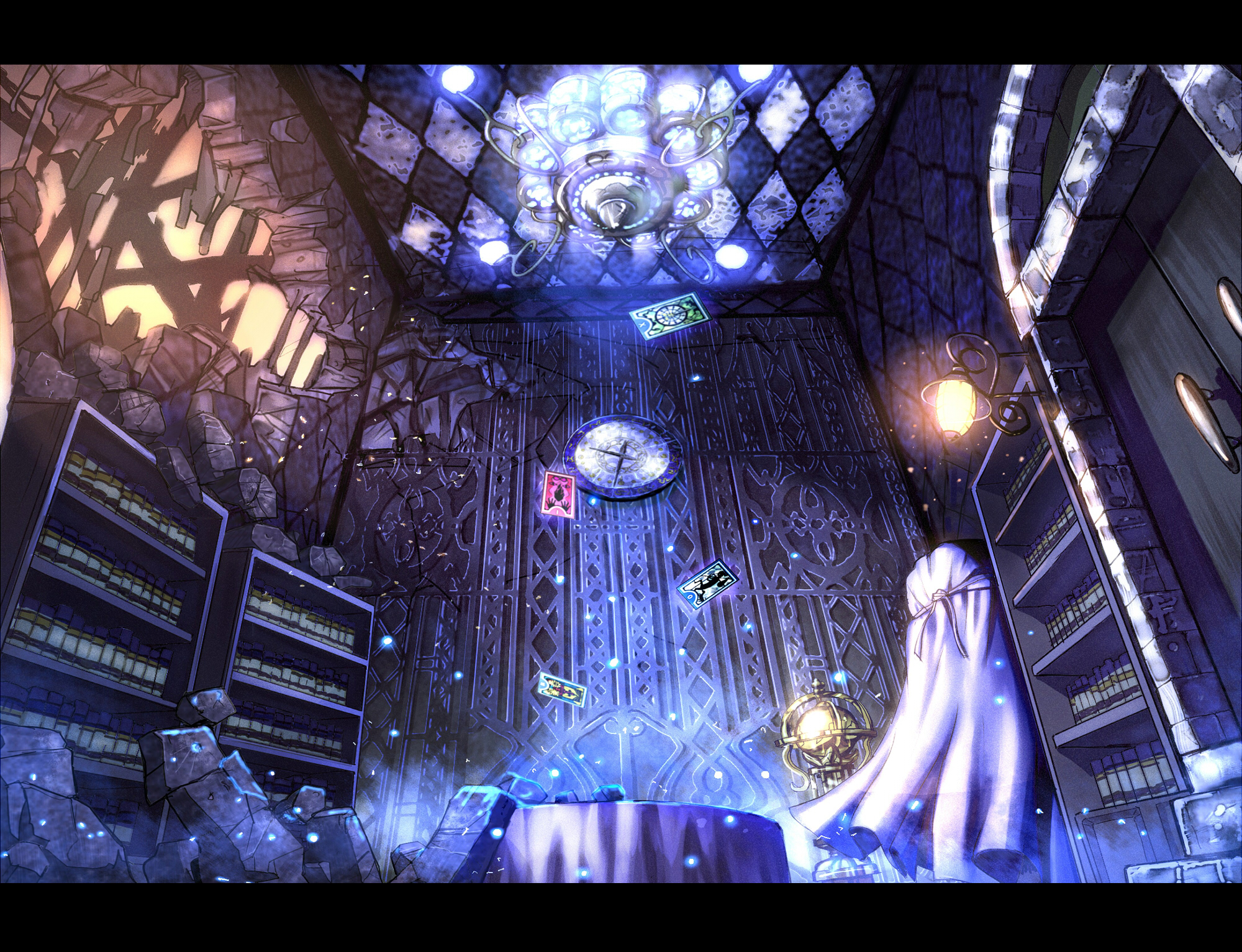 inumaroboya, inumaru (sougen no marogoya), atlus, persona, persona 3, persona 4, highres, bookshelf, card, card with aura, chandelier, clock, damaged, elevator, floating card, indoors, letterboxed, purple theme, room, roomscape, scenery, table, tarot, tarot card, velvet room