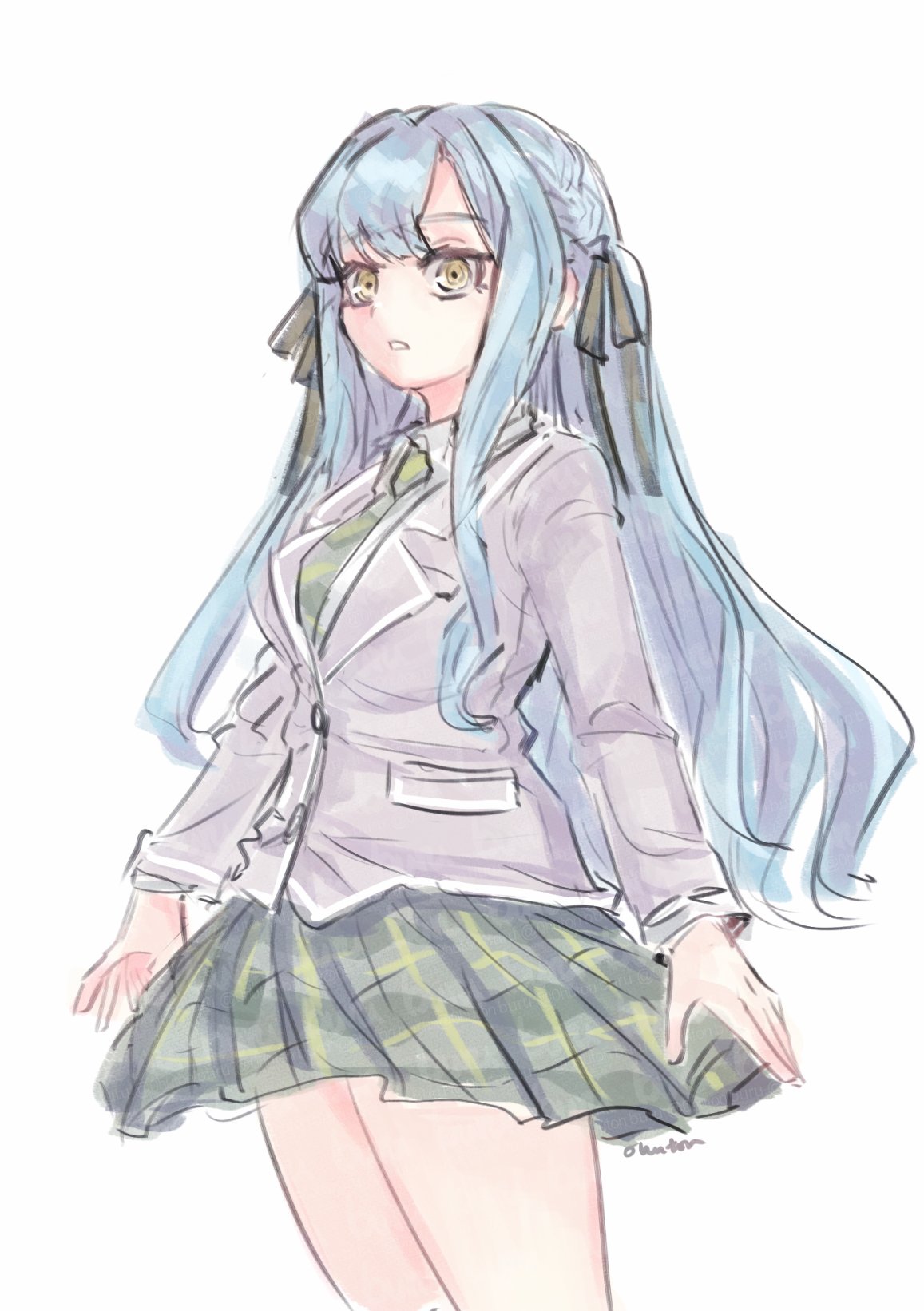 tomare (akashingou), togawa sakiko, bang dream!, bang dream! it's mygo!!!!!, commentary, highres, 1girl, blue hair, breasts, dated commentary, green necktie, green skirt, grey jacket, hair ribbon, haneoka school uniform, jacket, long hair, medium breasts, necktie, open mouth, pleated skirt, ribbon, school uniform, sidelocks, simple background, skirt, solo, white background, yellow eyes