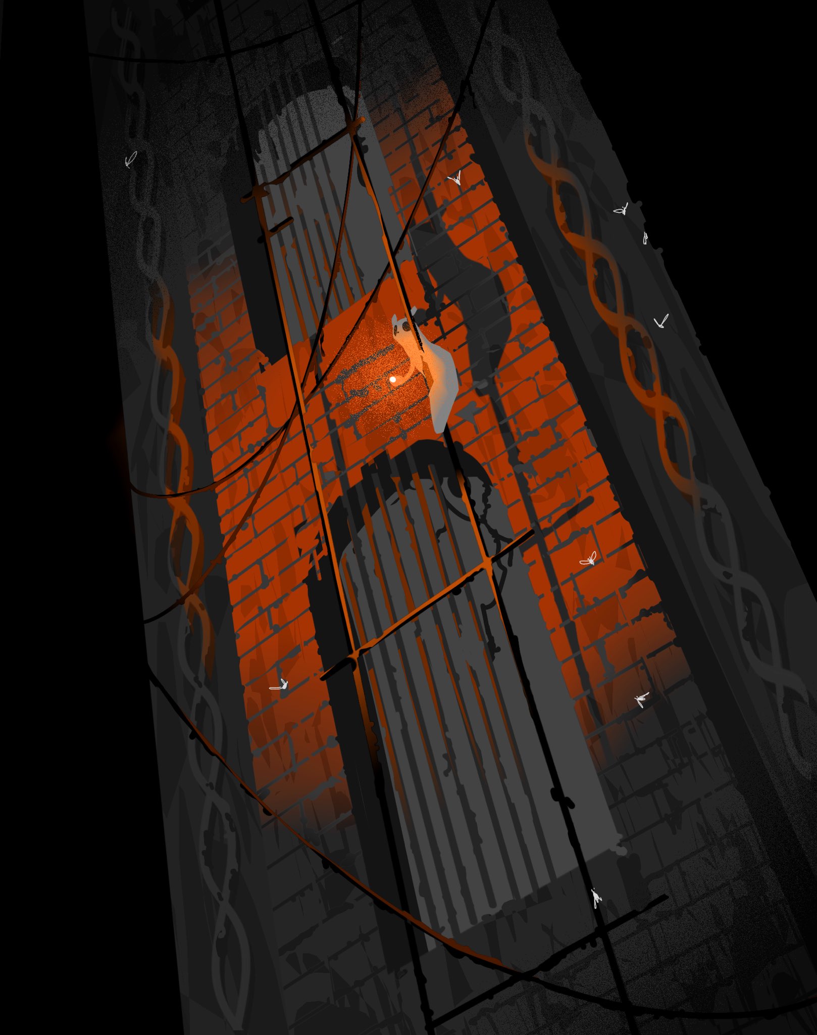 hk bb, slugcat, survivor (rain world), rain world, commentary request, highres, black eyes, brick wall, bug, climbing pole, creature, fence, holding, holding lantern, iron fence, lantern, no humans, no mouth, pole, shadow, underlighting, white fur