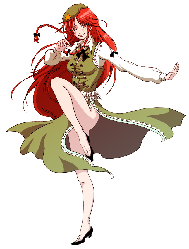 karaagetarou, hong meiling, immaterial and missing power, touhou, 1girl, braid, breasts, china dress, chinese clothes, dress, female focus, fighting stance, full body, hat, long hair, red hair, side slit, simple background, solo, twin braids, white background