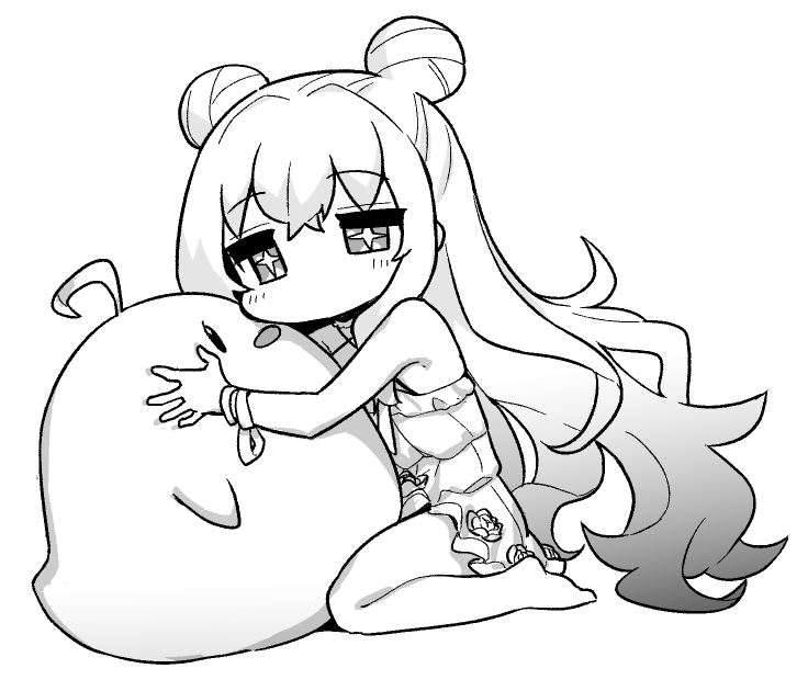 hori (hori no su), le malin (azur lane), le malin (sleepy sunday) (azur lane), manjuu (azur lane), azur lane, azur lane: slow ahead, commentary, official art, 1girl, blush, bracelet, criss-cross halter, deformed, double bun, dress, greyscale, hair between eyes, hair bun, halterneck, hug, jewelry, jitome, kneeling, long hair, lying, monochrome, no mouth, no nose, official alternate costume, on back, open mouth, sidelocks, simple background, smile, solo, star-shaped pupils, star (symbol), symbol-shaped pupils, very long hair, white background