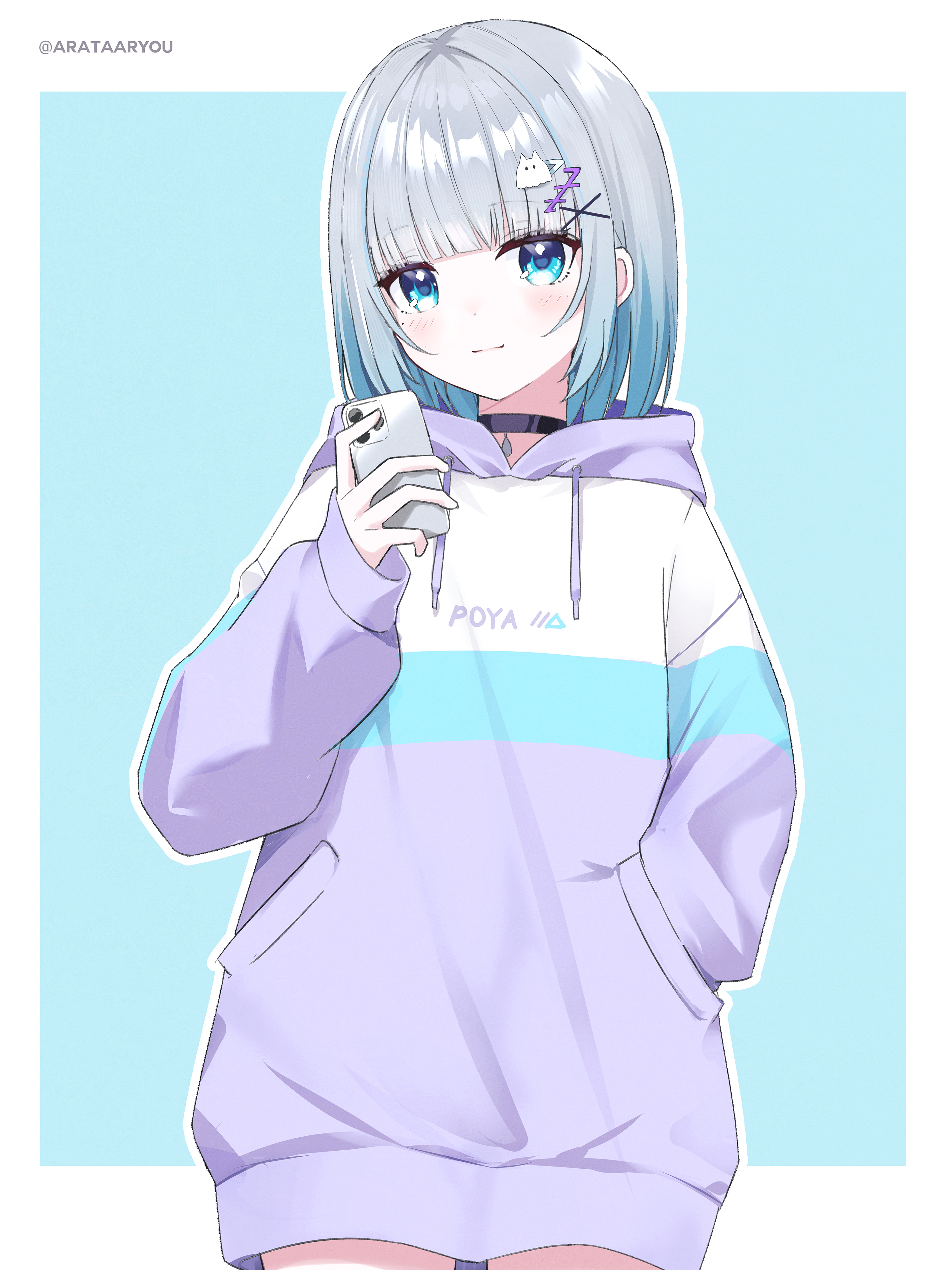 arata ryou, kaga sumire, vspo!, absurdres, commentary request, highres, 1girl, arm up, artist name, black choker, blue background, blue hair, blunt bangs, border, cellphone, choker, closed mouth, cowboy shot, drawstring, gradient hair, hair ornament, hand in pocket, holding, holding phone, hood, hooded jacket, hoodie, jacket, light blush, light smile, long sleeves, looking at viewer, multicolored hair, outline, phone, purple jacket, short hair, sleeve cuffs, sleeves past wrists, smartphone, solo, standing, virtual youtuber, white border, white outline, x hair ornament, zzz hair ornament