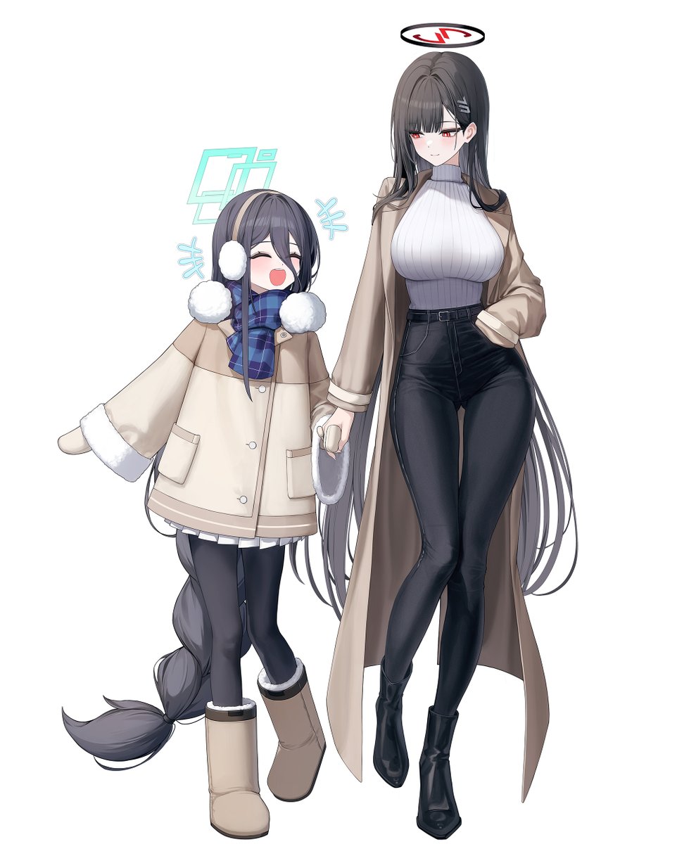 sab (sab2500), aris (blue archive), rio (blue archive), blue archive, highres, 2girls, alternate costume, aqua halo, black boots, black halo, black pants, blush, boots, denim, earmuffs, hair between eyes, hair ornament, hairclip, halo, hand in pocket, happy, holding hands, jeans, long hair, long hair between eyes, multiple girls, pants, rectangular halo, red eyes, scarf, sweater, turtleneck, turtleneck sweater, white background