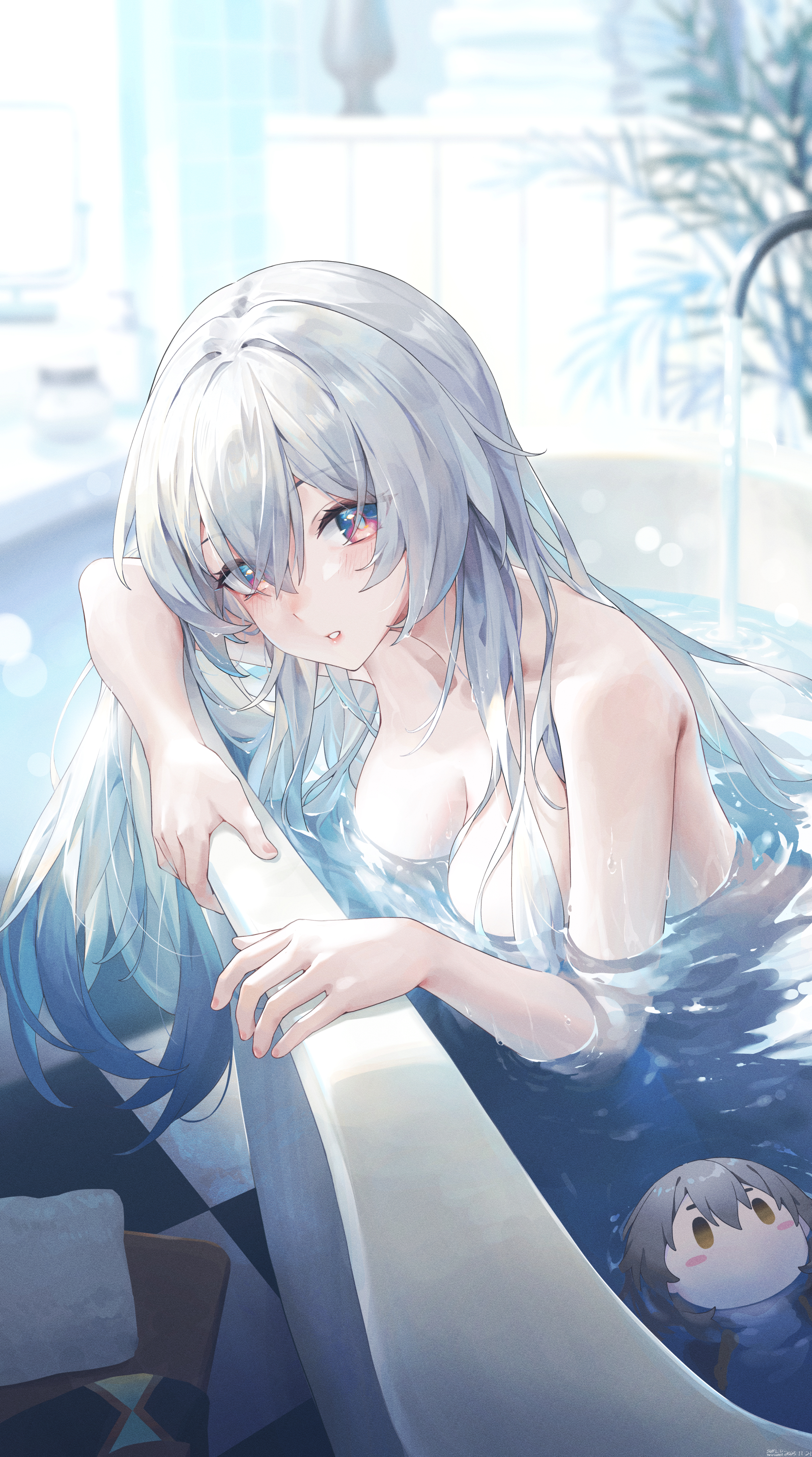 swkl:d, firefly (honkai: star rail), stelle (honkai: star rail), trailblazer (honkai: star rail), honkai: star rail, honkai (series), absurdres, commentary, highres, 1girl, aqua hair, bath, bathing, bathroom, blurry, blurry background, breasts, character doll, cleavage, doll, grey hair, hair between eyes, indoors, long hair, looking at viewer, medium breasts, multicolored eyes, multicolored hair, parted lips, solo, water