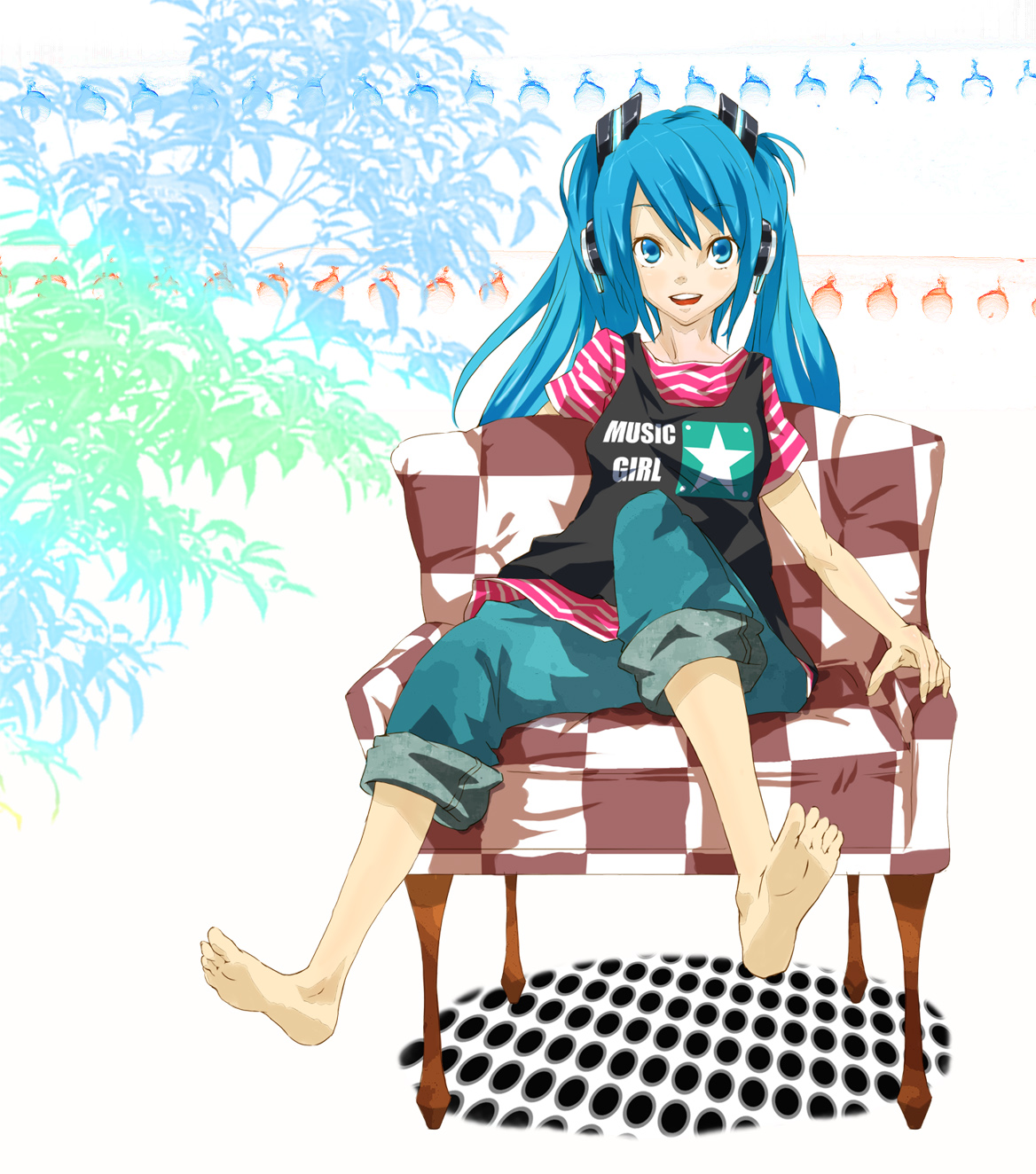 pondel, hatsune miku, vocaloid, highres, barefoot, blue eyes, blue hair, casual, chair, denim, feet, full body, headphones, jeans, long hair, pants, sitting, smile, soles, solo, toes, twintails